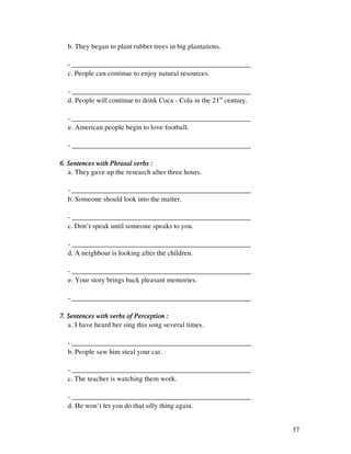 37
b. They began to plant rubber trees in big plantations.
- ___________________________________________________
c. People can continue to enjoy natural resources.
- ___________________________________________________
d. People will continue to drink Coca - Cola in the 21st
century.
- ___________________________________________________
e. American people begin to love football.
- ___________________________________________________
6. Sentences with Phrasal verbs :6. Sentences with Phrasal verbs :6. Sentences with Phrasal verbs :6. Sentences with Phrasal verbs :
a. They gave up the research after three hours.
- ___________________________________________________
b. Someone should look into the matter.
- ___________________________________________________
c. Don’t speak until someone speaks to you.
- ___________________________________________________
d. A neighbour is looking after the children.
- ___________________________________________________
e. Your story brings back pleasant memories.
- ___________________________________________________
7. Sentences with verbs of Perception :7. Sentences with verbs of Perception :7. Sentences with verbs of Perception :7. Sentences with verbs of Perception :
a. I have heard her sing this song several times.
- ___________________________________________________
b. People saw him steal your car.
- ___________________________________________________
c. The teacher is watching them work.
- ___________________________________________________
d. He won’t let you do that silly thing again.
 