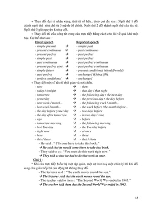48
+ Thay ñoåi ñaïi töø nhaân xöng, tính töø sôû höõu… theo qui taéc sau : Ngoâi thöù 1 ñoåi
thaønh ngoâi thöù nhö chuû töø ôû meänh ñeà chính. Ngoâi thöù 2 ñoåi thaønh ngoâi thöù cuûa tuùc töø.
Ngoâi thöù 3 giöõ nguyeân khoâng ñoåi.
+ Thay ñoåi thì cuûa ñoäng töø trong caâu tröïc tieáp baèng caùch cho luøi veà quaù khöù moät
baäc. Cuï theå nhö sau :
Direct speechDirect speechDirect speechDirect speech Reported speechReported speechReported speechReported speech
- simple present - simple past
- present continuous - past continuous
- present perfect - past perfect
- simple past - past perfect
- past continuous - past perfect continuous
- present perfect cont - past perfect continuous
- simple future - present conditional (should/would)
- past perfect - unchanged (khoâng ñoåi)
- perfect conditional - unchanged
+ Thay ñoåi moät soá töø chæ thôøi gian vaø nôi choán.
- now - then
- today / tonight - that day / that night
- tomorrow - the following day / the next day
- yesterday - the previous day / the day before
- next week / month… - the following week / month…
- last week /month… - the week before /the month before…
- the day before yesterday - two days before
- the day after tomorrow - in two days’ time
- ago - before
- tomorrow morning - the following morning
- last Tuesday - the Tuesday before
- right now - at once
- here - there
- this / these - that / those
- He said : “ I’ll come here to take this book.”
He said that he would come there to take that book.He said that he would come there to take that book.He said that he would come there to take that book.He said that he would come there to take that book.
- They said to us : “You must do this work right now.”
They told us that we had to do that work at once.They told us that we had to do that work at once.They told us that we had to do that work at once.They told us that we had to do that work at once.
Chuù yùChuù yùChuù yùChuù yù :
* Khi caâu tröïc tieáp bieåu thò moät taäp quaùn, moät söï thaät hay moät chaân lyù thì khi ñoåi
sang caâu giaùn tieáp thì cuûa ñoäng töø khoâng thay ñoåi.
- The lecturer said : “The earth moves round the sun.”
The lecturer said that the earth moves round the suThe lecturer said that the earth moves round the suThe lecturer said that the earth moves round the suThe lecturer said that the earth moves round the sun.n.n.n.
- The teacher said to them : “The Second World War ended in 1945.”
The teacher told them that the Second World War ended in 1945.The teacher told them that the Second World War ended in 1945.The teacher told them that the Second World War ended in 1945.The teacher told them that the Second World War ended in 1945.
 