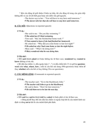 49
* Khi caâu ñoäng töø giôùi thieäu ôû hieän taïi ñôn, thì cuûa ñoäng töø trong caâu giaùn tieáp
khoâng ñoåi vaø caùc töø chæ thôøi gian hoaëc nôi choán vaãn giöõ nguyeân.
- The doctor says to her : “You will have to stay here until tomorrow.”
The doctor tells her that she will have to stay here until tomorrow.The doctor tells her that she will have to stay here until tomorrow.The doctor tells her that she will have to stay here until tomorrow.The doctor tells her that she will have to stay here until tomorrow.
B. CAÂU HOÛIB. CAÂU HOÛIB. CAÂU HOÛIB. CAÂU HOÛI. (Questions in reported speech)
1/ Ví duï :1/ Ví duï :1/ Ví duï :1/ Ví duï :
- She said to me : “Do you like swimming ?”
She asked me if I liked swimming.She asked me if I liked swimming.She asked me if I liked swimming.She asked me if I liked swimming.
- Tom said : “Has she finished her home work ?”
Tom wanted to know if she had finished her homework.Tom wanted to know if she had finished her homework.Tom wanted to know if she had finished her homework.Tom wanted to know if she had finished her homework.
- He asked me : “Why did you come home so late last night?”
He asked me whyHe asked me whyHe asked me whyHe asked me why I had come home so late the night before.I had come home so late the night before.I had come home so late the night before.I had come home so late the night before.
- Mary said : “ What’s he doing now?”
Mary wondered what he was doing then.Mary wondered what he was doing then.Mary wondered what he was doing then.Mary wondered what he was doing then.
2/ Ghi nhôù :2/ Ghi nhôù :2/ Ghi nhôù :2/ Ghi nhôù :
+ Ñoåi saidsaidsaidsaid thaønh askedaskedaskedasked (coù hoaëc khoâng tuùc töø theo sau), wonderedwonderedwonderedwondered hay wantedwantedwantedwanted totototo
knowknowknowknow (khoâng coù tuùc töø).
+ Boû daáu hai chaám (:), daáu ngoaëc keùp (“…”) vaø daáu chaám hoûi (?) vaø giöõ laïi questionquestionquestionquestion----
wordwordwordword (nhö what, where, howwhat, where, howwhat, where, howwhat, where, how…) neáu laø caâu hoûi noäi dung (Wh-questions) hoaëc theâm ifififif
(hay whetherwhetherwhetherwhether) neáu caâu hoûi coù hay khoâng (Yes-no questions).
C. CAÂU MEÄNHC. CAÂU MEÄNHC. CAÂU MEÄNHC. CAÂU MEÄNH LEÄNHLEÄNHLEÄNHLEÄNH. (Commands in reported speech)
1/ Ví duï :1/ Ví duï :1/ Ví duï :1/ Ví duï :
- The teacher said : “Go to the blackboard, John.”
The teacher told John to go to the blackboard.The teacher told John to go to the blackboard.The teacher told John to go to the blackboard.The teacher told John to go to the blackboard.
- He said to them : “Don’t be late tomorrow.”
He told them not to be late the next day.He told them not to be late the next day.He told them not to be late the next day.He told them not to be late the next day.
2/ Ghi nhôù :2/ Ghi nhôù :2/ Ghi nhôù :2/ Ghi nhôù :
+ Ñoåi saidsaidsaidsaid hay said tosaid tosaid tosaid to thaønh toldtoldtoldtold hay askedaskedaskedasked vaø buoäc phaûi coù tuùc töø theo sau.
+ Duøng totototo ñeå thay theá cho daáu hai chaám vaø ngoaëc keùp khi laø caâu meänh leänh xaùc
ñònh vaø duøng not tonot tonot tonot to khi laø caâu meänh leänh phuû ñònh.
 
