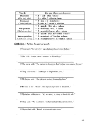 50
Toùm taétToùm taétToùm taétToùm taét Caâu giaùn tieápCaâu giaùn tieápCaâu giaùn tieápCaâu giaùn tieáp (reported speech)
StatementsStatementsStatementsStatements
(Caâu phaùt bieåu)
* S + said + (that) + clause* S + said + (that) + clause* S + said + (that) + clause* S + said + (that) + clause
* S + told + O + (that) + clause* S + told + O + (that) + clause* S + told + O + (that) + clause* S + told + O + (that) + clause
CommandsCommandsCommandsCommands
(Caâu meänh leänh)
* S + told + O + to infinitive* S + told + O + to infinitive* S + told + O + to infinitive* S + told + O + to infinitive
* S + told + O + not + to infinitiv* S + told + O + not + to infinitiv* S + told + O + not + to infinitiv* S + told + O + not + to infinitiveeee
WhWhWhWh----questionsquestionsquestionsquestions
(Caâu hoûi noäi dung)
* S + asked + (O) + wh* S + asked + (O) + wh* S + asked + (O) + wh* S + asked + (O) + wh----… + clause… + clause… + clause… + clause
* S + wondered + wh* S + wondered + wh* S + wondered + wh* S + wondered + wh----… + clause… + clause… + clause… + clause
* S + wanted to know + wh* S + wanted to know + wh* S + wanted to know + wh* S + wanted to know + wh----… + clause… + clause… + clause… + clause
YesYesYesYes----no questionsno questionsno questionsno questions
(Caâu hoûi coù khoâng)
* S + asked + (O) + if / whether + cl* S + asked + (O) + if / whether + cl* S + asked + (O) + if / whether + cl* S + asked + (O) + if / whether + clauseauseauseause
* S + wondered + if /whether + clause* S + wondered + if /whether + clause* S + wondered + if /whether + clause* S + wondered + if /whether + clause
* S + wanted to know + if / whether + clause* S + wanted to know + if / whether + clause* S + wanted to know + if / whether + clause* S + wanted to know + if / whether + clause
EXERCISE IEXERCISE IEXERCISE IEXERCISE I :::: Put into the reported speech :Put into the reported speech :Put into the reported speech :Put into the reported speech :
1/ Tom said : “I want to buy a pocket calculator for my father.”
- _________________________________________________________
2/ She said : “I once spent a summer in this village.”
- _________________________________________________________
3/ The nurse said : “The patient in this room didn’t obey your orders, Doctor.”
- _________________________________________________________
4/ They said to me : “You taught us English last year.”
- _________________________________________________________
5/ Mr.Brown said : “Our trip cost us two thousand dollars.”
- _________________________________________________________
6/ He said to her : “ I can’t find my hat anywhere in this room.”
- _________________________________________________________
7/ My father said to them : “My secretary is going to finish this job.”
- _________________________________________________________
8/ They said : “We can’t meet you here either today or tomorrow.”
- _________________________________________________________
9/ My mother said : “I think it won’t rain tomorrow.”
- _________________________________________________________
 