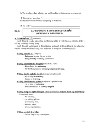 54
8/ The teacher asked whether we had found the solution to the problem yet.
The teacher asked us: “_______________________________________
9/ He ordered us not to touch anything in that room.
He said : “_________________________________________________
Baøi 6 :Baøi 6 :Baøi 6 :Baøi 6 : DANH ÑOÄNG TÖØ & ÑOÄNG TÖØ NGUYEÂN MAÃUDANH ÑOÄNG TÖØ & ÑOÄNG TÖØ NGUYEÂN MAÃUDANH ÑOÄNG TÖØ & ÑOÄNG TÖØ NGUYEÂN MAÃUDANH ÑOÄNG TÖØ & ÑOÄNG TÖØ NGUYEÂN MAÃU
( GERUNDS( GERUNDS( GERUNDS( GERUNDS & INFINITIVES )& INFINITIVES )& INFINITIVES )& INFINITIVES )
A. DANH ÑOÄNG TÖØ :A. DANH ÑOÄNG TÖØ :A. DANH ÑOÄNG TÖØ :A. DANH ÑOÄNG TÖØ : (Gerund)
Danh ñoäng töø coù caáu truùc gioáng nhö hieän taïi phaân töø ( töùc laø ñoäng töø theâm ING) :
talking, learning, cutting, lying…
Danh ñoäng töø, nhö teân goïi, laø ñoäng töø duøng nhö danh töø. Danh ñoäng töø chuû yeáu ñöùng
ôû vò trí, vaø thöïc hieän chöùc naêng, cuûa moät danh töø trong caâu. Noù thöôøng ñöôïc :
1/ Duøng laøm chuû töø :1/ Duøng laøm chuû töø :1/ Duøng laøm chuû töø :1/ Duøng laøm chuû töø : (subject)
- SwimmingSwimmingSwimmingSwimming is good for our health.
- Being friendlyBeing friendlyBeing friendlyBeing friendly will bring you friends.
2/ Duøng laøm tuùc töø cho ñoän2/ Duøng laøm tuùc töø cho ñoän2/ Duøng laøm tuùc töø cho ñoän2/ Duøng laøm tuùc töø cho ñoäng töø :g töø :g töø :g töø : (object of a verb)
- These boys like swimmingswimmingswimmingswimming.
- My brother practises speakingspeakingspeakingspeaking English every dayEnglish every dayEnglish every dayEnglish every day.
3/ Duøng laøm boå ngöõ cho chuû töø :3/ Duøng laøm boå ngöõ cho chuû töø :3/ Duøng laøm boå ngöõ cho chuû töø :3/ Duøng laøm boå ngöõ cho chuû töø : (subject complement)
- My hobby is swimmingswimmingswimmingswimming.
- Seeing is believingbelievingbelievingbelieving.
4/ Duøng laøm tuùc töø cho giôùi töø :4/ Duøng laøm tuùc töø cho giôùi töø :4/ Duøng laøm tuùc töø cho giôùi töø :4/ Duøng laøm tuùc töø cho giôùi töø : (object of a preposition)
- He is fond of swimmingswimmingswimmingswimming.
- She is interested in learninglearninglearninglearning EnglishEnglishEnglishEnglish.
5/ Duøng trong caâu ngaên caám ngaén5/ Duøng trong caâu ngaên caám ngaén5/ Duøng trong caâu ngaên caám ngaén5/ Duøng trong caâu ngaên caám ngaén (short prohibition) hoaëc ñeå thaønh laäp danhhoaëc ñeå thaønh laäp danhhoaëc ñeå thaønh laäp danhhoaëc ñeå thaønh laäp danh töø keùptöø keùptöø keùptöø keùp
(compound noun)
- No smoking.
- No talking, please.
- a swimming pool.
- a dining room.
- a washing machine.
6/ Duøng sau tính töø sôû höõu :6/ Duøng sau tính töø sôû höõu :6/ Duøng sau tính töø sôû höõu :6/ Duøng sau tính töø sôû höõu :
- Please forgive my coming late.
 
