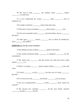 58
10/ We had to (ask) _________ the students (stop) _________ (make)
_________ so much noise.
11/ I can’t understand his (want) _________ (buy) _________ such an
expensive car.
12/ I couldn’t stand (be) _________ alone in the dark room.
13/ They don’t want us (mention) _________ their (come) _________ late.
14/ You must remember (lock) _________ the door before (leave) _________
the house.
15/ After (get) _________ (know) _________ her at school, he finished by
(ask) _________ her address.
EXERCISE II :EXERCISE II :EXERCISE II :EXERCISE II : Use the correct verb form :Use the correct verb form :Use the correct verb form :Use the correct verb form :
1/ The children are busy (collect) _________ shells on the beach.
2/ The teacher promised (help) _________ us (prepare) _________ for the
examination.
3/ We regret (say) _________ that the lecture was dull and wasn’t worth
(listen) _________ to.
4/ There’s no (deny) _________ that he enjoys (listen) _________ to his own
voice.
5/ Is (boil) _________ or (fry) _________ the best way of (cook) _________
this fish ?
6/ It’s no use your (ask) _________ him (lend) _________ you any money.
7/ Can you manage(finish) _________ (write) _________ these reports by
yourself ?
8/ He advised me( consider) _________ all the facts before (decide)
_________ (accept) _________ the job.
 