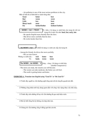 71
- Air pollution is one of the most serious problems in the city.
Moät soá tính töø coù hình thöù so saùnh rieâng nhö :
GoodGoodGoodGood betterbetterbetterbetter bestbestbestbest
BaBaBaBadddd worseworseworseworse worstworstworstworst
LittleLittleLittleLittle lesslesslessless leastleastleastleast
Many/ muchMany/ muchMany/ muchMany/ much moremoremoremore mostmostmostmost
FarFarFarFar farther/furtherfarther/furtherfarther/furtherfarther/further farthest/ furthestfarthest/ furthestfarthest/ furthestfarthest/ furthest
… MORE + Adv + THAN …… MORE + Adv + THAN …… MORE + Adv + THAN …… MORE + Adv + THAN … (..hôn…) laø daïng so saùnh hôn cuûa traïng töø, tröø caùc
traïng töø coù moät vaàn nhö :hard, fast, early, latehard, fast, early, latehard, fast, early, latehard, fast, early, late
- He speaks English more fluently than she does.
- She drives more carefully than he does.
- He works harder than I do.
… the MOST + Adv… the MOST + Adv… the MOST + Adv… the MOST + Adv (nhaát) laø daïng so saùnh cöc caáp cuûa traïng töø.
- Among his friends, he drives the most carefully.
- His car runs fastest.
Nhöng so saùnh cuûa : wellwellwellwell betterbetterbetterbetter bestbestbestbest
Vaø badlybadlybadlybadly worseworseworseworse worstworstworstworst
The MORE…, the MORE…The MORE…, the MORE…The MORE…, the MORE…The MORE…, the MORE… (caøng … caøng…) laø daïng so saùnh keùp
(double Comparative)
- The more you study, the smarter you will become.
- The sooner you take medicine, the better you will feel.
- The earth is getting hotter and hotter.
EXERCISE A :EXERCISE A :EXERCISE A :EXERCISE A : Translate into English using “Used To” or “Be Used To”Translate into English using “Used To” or “Be Used To”Translate into English using “Used To” or “Be Used To”Translate into English using “Used To” or “Be Used To”
1/ Tröôùc ñaây ngöôøi ta vaãn thöôøng nghó raèng maët trôøi di chuyeån quanh traùi ñaát.
- _____________________________________________________________________
2/ Nhöõng coâng nhaân môùi naøy ñang quen daàn vôùi coâng vieäc naëng nhoïc cuûa nhaø maùy.
- _____________________________________________________________________
3/ Tröôùc ñaây treân ñöôøng ñi hoïc toâi vaãn thöôøng ñi qua moät hieäu saùch.
- _____________________________________________________________________
4/ Baø aáy bieát raèng baø aáy khoâng coøn ñeïp nhö xöa.
- _____________________________________________________________________
5/ Chuùng toâi vaãn thöôøng soáng ôû ñoàng queâ khi coøn beù.
 