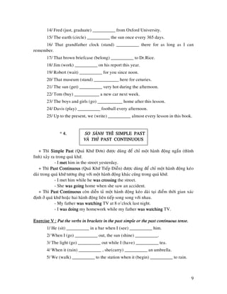9
14/ Fred (just, graduate) __________ from Oxford University.
15/ The earth (circle) __________ the sun once every 365 days.
16/ That grandfather clock (stand) __________ there for as long as I can
remember.
17/ That brown briefcase (belong) __________ to Dr.Rice.
18/ Jim (work) __________ on his report this year.
19/ Robert (wait) __________ for you since noon.
20/ That museum (stand) ___________ here for ceturies.
21/ The sun (get) __________ very hot during the afternoon.
22/ Tom (buy) ___________ a new car next week.
23/ The boys and girls (go) ___________ home after this lesson.
24/ Davis (play) __________ football every afternoon.
25/ Up to the present, we (write) __________ almost every lesson in this book.
* 4.4.4.4. SO SAÙNHSO SAÙNHSO SAÙNHSO SAÙNH THÌ SIMPLE PASTTHÌ SIMPLE PASTTHÌ SIMPLE PASTTHÌ SIMPLE PAST
VAØ THÌVAØ THÌVAØ THÌVAØ THÌ PAST CONTINUOUSPAST CONTINUOUSPAST CONTINUOUSPAST CONTINUOUS
+ Thì Simple PastSimple PastSimple PastSimple Past (Quaù Khöù Ñôn) ñöôïc duøng ñeå chæ moät haønh ñoäng ngaén (thình
lình) xaûy ra trong quaù khöù.
- I metmetmetmet him in the street yesterday.
+ Thì Past ContinuousPast ContinuousPast ContinuousPast Continuous (Quaù Khöù Tieáp Dieãn) ñöôïc duøng ñeå chæ moät haønh ñoäng keùo
daøi trong quaù khöù töông öùng vôùi moät haønh ñoäng khaùc cuõng trong quaù khöù.
- I met him while he was crossingwas crossingwas crossingwas crossing the street.
- She was goingwas goingwas goingwas going home when she saw an accident.
+ Thì Past ContinuousPast ContinuousPast ContinuousPast Continuous coøn dieãn taû moät haønh ñoäng keùo daøi taïi ñieåm thôøi gian xaùc
ñònh ôû quaù khöù hoaëc hai haønh ñoäng lieân tieáp song song vôùi nhau.
- My father was watchingwas watchingwas watchingwas watching TV at 8 o’clock last night.
- I was doingwas doingwas doingwas doing my homework while my father was watchingwas watchingwas watchingwas watching TV.
Exercise V :Exercise V :Exercise V :Exercise V : Put the verbs in brackets in the past simple or the past continuous tense.Put the verbs in brackets in the past simple or the past continuous tense.Put the verbs in brackets in the past simple or the past continuous tense.Put the verbs in brackets in the past simple or the past continuous tense.
1/ He (sit) __________ in a bar when I (see) __________ him.
2/ When I (go) __________ out, the sun (shine) __________.
3/ The light (go) __________ out while I (have) __________ tea.
4/ When it (rain) __________ , she(carry) __________ an umbrella.
5/ We (walk) __________ to the station when it (begin) __________ to rain.
 