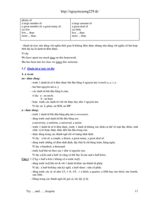 http://nguyencuong229.tk/

plenty of
a large number of                             a large amount of
a great number of, a great many of.           a great deal of
(a) few                                       (a) little
few ... than                                  less ... than
more ... than                                 more ... than


- Danh tõ time nÕu dïng víi nghÜa thêi gian l kh«ng ®Õm ®−îc nh−ng nÕu dïng víi nghÜa sè lÇn hoÆc
thêi ®¹i l¹i l danh tõ ®Õm ®−îc.
VÝ dô:
We have spent too much time on this homework.
She has been late for class six times this semester.

1.2 Qu¸n tõ a (an) v the
1- a v an
an - ®−îc dïng:
        - tr−íc 1 danh tõ sè Ýt ®Õm ®−îc b¾t ®Çu b»ng 4 nguyªn ©m (vowel) a, e, i, o
        - hai b¸n nguyªn ©m u, y
        - c¸c danh tõ b¾t ®Çu b»ng h c©m.
          vÝ dô: u : an uncle.
                 h : an hour
        - hoÆc tr−íc c¸c danh tõ viÕt t¾t ®−îc ®äc nh− 1 nguyªn ©m.
          VÝ dô: an L-plate, an SOS, an MP
a : ®−îc dïng:
        - tr−íc 1 danh tõ b¾t ®Çu b»ng phô ©m (consonant).
        - dïng tr−íc mét danh tõ b¾t ®Çu b»ng uni.
          a university, a uniform, a universal, a union.
        - tr−íc 1 danh tõ sè Ýt ®Õm ®−îc, tr−íc 1 danh tõ kh«ng x¸c ®Þnh cô thÓ vÒ mÆt ®Æc ®iÓm, tÝnh
          chÊt, vÞ trÝ hoÆc ®−îc nh¾c ®Õn lÇn ®Çu trong c©u.
        - ®−îc dïng trong c¸c th nh ng÷ chØ sè l−îng nhÊt ®Þnh.
          VÝ dô : a lot of, a couple, a dozen, a great many, a great deal of.
        - dïng tr−íc nh÷ng sè ®Õm nhÊt ®Þnh, ®Æc biÖt l chØ h ng tr¨m, h ng ng n.
          VÝ dô: a hundred, a thousand.
        - tr−íc half khi nã theo sau 1 ®¬n vÞ nguyªn vÑn.
         VÝ dô: a kilo and a half v còng cã thÓ ®äc l one and a half kilos.
Chó ý: 1 /2 kg = half a kilo ( kh«ng cã a tr−íc half).
        - dïng tr−íc half khi nã ®i víi 1 danh tõ kh¸c t¹o th nh tõ ghÐp.
          VÝ dô : a half-holiday nöa kú nghØ, a half-share : nöa cæ phÇn.
        - dïng tr−íc c¸c tû sè nh− 1/3, 1 /4, 1/5, = a third, a quarter, a fifth hay one third, one fourth,
          one fifth .
        - Dïng trong c¸c th nh ng÷ chØ gi¸ c¶, tèc ®é, tû lÖ.



    Try ….and …..Acquire                                                                                11
 