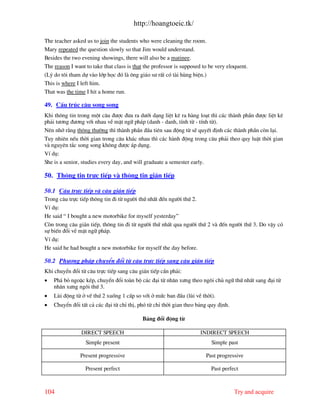 http://hoangtoeic.tk/

The teacher asked us to join the students who were cleaning the room.
Mary repeated the question slowly so that Jim would understand.
Besides the two evening showings, there will also be a matinee.
The reason I want to take that class is that the professor is supposed to be very eloquent.
(Lý do t«i tham dù v o líp häc ®ã l «ng gi¸o s− rÊt cã t i hïng biÖn.)
This is where I left him.
That was the time I hit a home run.

49. CÊu tróc c©u song song
Khi th«ng tin trong mét c©u ®−îc ®−a ra d−íi d¹ng liÖt kª ra h ng lo¹t th× c¸c th nh phÇn ®−îc liÖt kª
ph¶i t−¬ng ®−¬ng víi nhau vÒ mÆt ng÷ ph¸p (danh - danh, tÝnh tõ - tÝnh tõ).
Nªn nhí r»ng th«ng th−êng th× th nh phÇn ®Çu tiªn sau ®éng tõ sÏ quyÕt ®Þnh c¸c th nh phÇn cßn l¹i.
Tuy nhiªn nÕu thêi gian trong c©u kh¸c nhau th× c¸c h nh ®éng trong c©u ph¶i theo quy luËt thêi gian
v nguyªn t¾c song song kh«ng ®−îc ¸p dông.
VÝ dô:
She is a senior, studies every day, and will graduate a semester early.

50. Th«ng tin trùc tiÕp v th«ng tin gi¸n tiÕp

50.1 C©u trùc tiÕp v c©u gi¸n tiÕp
Trong c©u trùc tiÕp th«ng tin ®i tõ ng−êi thø nhÊt ®Õn ng−êi thø 2.
VÝ dô:
He said “ I bought a new motorbike for myself yesterday”
Cßn trong c©u gi¸n tiÕp, th«ng tin ®i tõ ng−êi thø nhÊt qua ng−êi thø 2 v ®Õn ng−êi thø 3. Do vËy cã
sù biÕn ®æi vÒ mÆt ng÷ ph¸p.
VÝ dô:
He said he had bought a new motorbike for myself the day before.

50.2 Ph−¬ng ph¸p chuyÓn ®æi tõ c©u trùc tiÕp sang c©u gi¸n tiÕp
Khi chuyÓn ®æi tõ c©u trùc tiÕp sang c©u gi¸n tiÕp cÇn ph¶i:
•   Ph¸ bá ngoÆc kÐp, chuyÓn ®æi to n bé c¸c ®¹i tõ nh©n x−ng theo ng«i chñ ng÷ thø nhÊt sang ®¹i tõ
    nh©n x−ng ng«i thø 3.
•   Lïi ®éng tõ ë vÕ thø 2 xuèng 1 cÊp so víi ë møc ban ®Çu (lïi vÒ thêi).
•   ChuyÓn ®æi tÊt c¶ c¸c ®¹i tõ chØ thÞ, phã tõ chØ thêi gian theo b¶ng quy ®Þnh.

                                           B¶ng ®æi ®éng tõ

                DIRECT SPEECH                                        INDIRECT SPEECH
                  Simple present                                          Simple past

                Present progressive                                     Past progressive

                  Present perfect                                         Past perfect



104                                                                                  Try and acquire
 