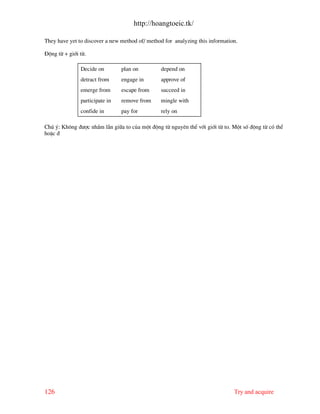 http://hoangtoeic.tk/

They have yet to discover a new method of/ method for analyzing this information.

§éng tõ + giíi tõ.

               Decide on        plan on         depend on
               detract from     engage in       approve of
               emerge from      escape from     succeed in
               participate in   remove from     mingle with
               confide in       pay for         rely on

Chó ý: Kh«ng ®−îc nhÇm lÉn gi÷a to cña mét ®éng tõ nguyªn thÓ víi giíi tõ to. Mét sè ®éng tõ cã thÓ
hoÆc ®




126                                                                            Try and acquire
 