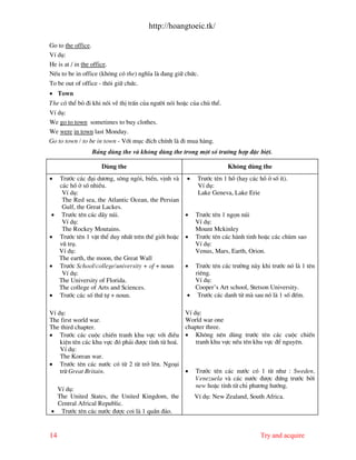http://hoangtoeic.tk/

Go to the office.
VÝ dô:
He is at / in the office.
NÕu to be in office (kh«ng cã the) nghÜa l ®ang gi÷ chøc.
To be out of office - th«i gi÷ chøc.
• Town
The cã thÓ bá ®i khi nãi vÒ thÞ trÊn cña ng−êi nãi hoÆc cña chñ thÓ.
VÝ dô:
We go to town sometimes to buy clothes.
We were in town last Monday.
Go to town / to be in town - Víi môc ®Ých chÝnh l ®i mua h ng.
                 B¶ng dïng the v kh«ng dïng the trong mét sè tr−êng hîp ®Æc biÖt.

                     Dïng the                                          Kh«ng dïng the
•  Tr−íc c¸c ®¹i d−¬ng, s«ng ngßi, biÓn, vÞnh v    •      Tr−íc tªn 1 hå (hay c¸c hå ë sè Ýt).
   c¸c hå ë sè nhiÒu.                                     VÝ dô:
    VÝ dô:                                                Lake Geneva, Lake Erie
    The Red sea, the Atlantic Ocean, the Persian
    Gulf, the Great Lackes.
 • Tr−íc tªn c¸c d y nói.                         •      Tr−íc tªn 1 ngän nói
    VÝ dô:                                               VÝ dô:
    The Rockey Moutains.                                 Mount Mckinley
• Tr−íc tªn 1 vËt thÓ duy nhÊt trªn thÕ giíi hoÆc •      Tr−íc tªn c¸c h nh tinh hoÆc c¸c chïm sao
   vò trô.                                               VÝ dô:
   VÝ dô:                                                Venus, Mars, Earth, Orion.
   The earth, the moon, the Great Wall
• Tr−íc School/college/university + of + noun     •      Tr−íc tªn c¸c tr−êng n y khi tr−íc nã l 1 tªn
    VÝ dô:                                               riªng.
   The University of Florida.                            VÝ dô:
   The college of Arts and Sciences.                     Cooper’s Art school, Stetson University.
• Tr−íc c¸c sè thø tù + noun.                      •      Tr−íc c¸c danh tõ m sau nã l 1 sè ®Õm.

VÝ dô:                                               VÝ dô:
The first world war.                                 World war one
The third chapter.                                   chapter three.
• Tr−íc c¸c cuéc chiÕn tranh khu vùc víi ®iÒu        • Kh«ng nªn dïng tr−íc tªn c¸c cuéc chiÕn
    kiÖn tªn c¸c khu vùc ®ã ph¶i ®−îc tÝnh tõ ho¸.       tranh khu vùc nÕu tªn khu vùc ®Ó nguyªn.
    VÝ dô:
    The Korean war.
• Tr−íc tªn c¸c n−íc cã tõ 2 tõ trë lªn. Ngo¹i
    trõ Great Britain.                               •   Tr−íc tªn c¸c n−íc cã 1 tõ nh− : Sweden,
                                                         Venezuela v c¸c n−íc ®−îc ®øng tr−íc bëi
                                                         new hoÆc tÝnh tõ chØ ph−¬ng h−íng.
 VÝ dô:
 The United States, the United Kingdom, the              VÝ dô: New Zealand, South Africa.
 Central Africal Republic.
• Tr−íc tªn c¸c n−íc ®−îc coi l 1 quÇn ®¶o.


14                                                                                 Try and acquire
 