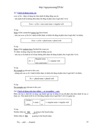 http://nguyencuong229.tk/

3.3 C¸ch sö dông none, no
none of the : ®−îc sö dông tïy theo danh tõ ®øng ®»ng sau nã.
- nÕu danh tõ ®ã l kh«ng ®Õm ®−îc th× ®éng tõ ph¶i chia ë ng«i thø 3 sè Ýt.

                       None + of the + non-count noun + singular verb


VÝ dô:
None of the counterfeit money has been found.
- nÕu sau none of the l 1 danh tõ ®Õm ®−îc sè nhiÒu th× ®éng tõ ph¶i chia ë ng«i thø 3 sè nhiÒu.

                               None + of the + plural noun + plural verb


VÝ dô:
None of the students have finished the exam yet.
No ®−îc sö dông còng tuú theo danh tõ ®øng sau nã.
- nÕu sau no l danh tõ sè Ýt hoÆc kh«ng ®Õm ®−îc th× ®éng tõ ph¶i chia ë ng«i thø 3 sè Ýt.

                                       Singular noun
                      No +                                  + singular verb
                                       non-count noun

VÝ dô:
No example is relevant to this case.
- nh−ng nÕu sau no l 1 danh tõ ®Õm ®−îc sè nhiÒu th× ®éng tõ ph¶i chia ë ng«i thø 3 sè nhiÒu.


                        No + plural noun + plural verb


VÝ dô:
No examples are relevant to this case.

3.4 C¸ch sö dông cÊu tróc either ... or v neither ... nor.
§iÒu cÇn l−u ý nhÊt khi sö dông cÆp th nh ng÷ n y l ®éng tõ sau ®ã ph¶i chia theo danh tõ sau or
hoÆc nor. NÕu danh tõ ®ã l sè Ýt th× ®éng tõ ph¶i chia ë ng«i thø 3 sè Ýt v ng−îc l¹i.

                 Neither                          nor
                                  + noun                + singular noun + singular verb
                 either                           or

VÝ dô:
Neither John nor Bill               is going to the beach today.
               Singular noun    singular verb

Either John or Bill            is going to the beach today.


    Try ….and …..Acquire                                                                           27
 