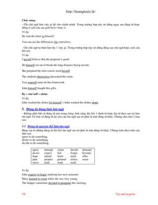 http://hoangtoeic.tk/

Chøc n¨ng:
- ChØ chñ ng÷ l m viÖc g× ®ã cho chÝnh m×nh. Trong tr−êng hîp n y nã ®øng ngay sau ®éng tõ hoÆc
®øng ë cuèi c©u sau giíi tõ for hoÆc to.
VÝ dô:
He sent the letter to himself.

You can see the differences for yourselves.

- ChØ chñ ng÷ tù th©n l m lÊy 1 viÖc g×. Trong tr−êng hîp n y nã ®øng ®»ng sau chñ ng÷ hoÆc cuèi c©u
khi nãi.
VÝ dô:
I myself believe that the proposal is good.

He himself set out to break the long distance flying record.

She prepared the nine-course meal herself.

The students themselves decorated the room.

You yourself must do this homework.

John himself bought this gifts.

By + one-self = alone.
VÝ dô:
John washed the dishes by himself = John washed the dishes alone.

5. §éng tõ dïng l m t©n ng÷
- Kh«ng ph¶i bÊt cø ®éng tõ n o trong tiÕng Anh còng ®ßi hái 1 danh tõ hoÆc ®¹i tõ theo sau nã l m
t©n ng÷. Cã mét sè ®éng tõ l¹i yªu cÇu t©n ng÷ sau nã ph¶i l mét ®éng tõ kh¸c. Chóng chia l m 2 lo¹i
sau:

5.1 §éng tõ nguyªn thÓ l m t©n ng÷
B¶ng sau l nh÷ng ®éng tõ ®ßi hái t©n ng÷ sau nã ph¶i l mét ®éng tõ kh¸c. Chóng tu©n theo mÉu c©u
nh− sau:
agree to do something.
desire to do something.
decide to do something.

         agree     attempt        claim        decide   demand
         desire    expect         fail         forget   hesitate
         hope      intend         learn        need     offer
         plan      prepare        pretend      refuse   seem
         strive    tend           want         wish

VÝ dô:
John expects to begin studying law next semester.
Mary learned to swim when she was very young.
The budget committee decided to postpone this meeting.


34                                                                             Try and acquire
 