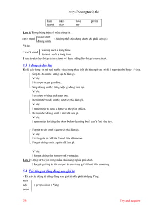 http://hoangtoeic.tk/

                     hate       like           love         prefer
                     regret     start          try

L−u ý: Trong b¶ng trªn cã mÉu ®éng tõ :
              to do smth
can’t stand                  ( Kh«ng thÓ chÞu ®ùng ®−îc khi ph¶i l m g×)
              doing smth
VÝ dô:
                 waiting such a long time.
 I can’t stand
                  to wait such a long time.
I hate to ride her bicycle to school = I hate riding her bicycle to school.

5.3 3 ®éng tõ ®Æc biÖt
§ã l c¸c ®éng tõ m ng÷ nghÜa cña chóng thay ®æi khi t©n ng÷ sau nã l 1 nguyªn thÓ hoÆc 1 Ving.
        Stop to do smth : dõng l¹i ®Ó l m g×.
        VÝ dô:
        He stops to get gasoline.
        Stop doing smth : dõng viÖc g× ®ang l m l¹i.
        VÝ dô:
        He stops writing and goes out.
        Remember to do smth : nhí sÏ ph¶i l m g×.
        VÝ dô:
        I remember to send a letter at the post office.
        Remember doing smth : nhí ® l m g×.
        VÝ dô:
        I remember locking the door before leaving but I can’t find the key.

        Forget to do smth : quªn sÏ ph¶i l m g×.
        VÝ dô:
        He forgets to call his friend this afternoon.
        Forget doing smth : quªn ® l m g×.

       VÝ dô:
       I forget doing the homework yesterday.
L−u ý: §éng tõ forget trong mÉu c©u mang nghÜa phñ ®Þnh.
       I forget getting to the airport to meet my girl-friend this morning.

5.4 C¸c ®éng tõ ®øng ®»ng sau giíi tõ
- TÊt c¶ c¸c ®éng tõ ®øng ®»ng sau giíi tõ ®Òu ph¶i ë d¹ng Ving.
verb
adj.      + preposition + Ving
noun


36                                                                             Try and acquire
 