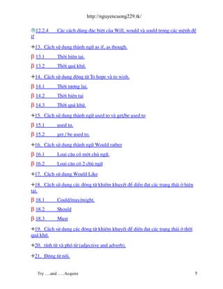 http://nguyencuong229.tk/

12.2.4         C¸c c¸ch dïng ®Æc biÖt cña Will, would v sould trong c¸c mÖnh ®Ò
if

+13.      C¸ch sö dông th nh ng÷ as if, as though.
β 13.1          Thêi hiÖn t¹i.
β 13.2          Thêi qu¸ khø.

+14.      C¸ch sö dông ®éng tõ To hope v to wish.
β 14.1          Thêi t−¬ng lai.
β 14.2          Thêi hiÖn t¹i
β 14.3          Thêi qu¸ khø.

+15.      C¸ch sö dông th nh ng÷ used to v get/be used to
β 15.1          used to.
β 15.2          get / be used to.

+16.      C¸ch sö dông th nh ng÷ Would rather
β 16.1          Lo¹i c©u cã mét chñ ng÷.
β 16.2          Lo¹i c©u cã 2 chñ ng÷

+17.      C¸ch sö dông Would Like

+18.      C¸ch sö dông c¸c ®éng tõ khiÕm khuyÕt ®Ó diÔn ®¹t c¸c tr¹ng th¸i ë hiÖn
t¹i.
β 18.1          Could/may/might.
β 18.2          Should
β 18.3          Must

+19.  C¸ch sö dông c¸c ®éng tõ khiÕm khuyÕt ®Ó diÕn ®¹t c¸c tr¹ng th¸i ë thêi
qu¸ khø.
+20.      tÝnh tõ v phã tõ (adjective and adverb).

+21.      §éng tõ nèi.


       Try ….and …..Acquire                                                         5
 