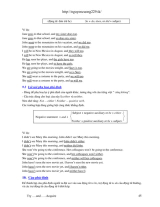 http://nguyencuong229.tk/

                       (®éng tõ ®¬n trõ be)                 So + do, does, or did + subject

VÝ dô:
Jane goes to that school, and my sister does too.
Jane goes to that school, and so does my sister.
John went to the mountains on his vacation, and we did too.
John went to the mountains on his vacation, and so did we.
I will be in New Mexico in August, and they will too.
I will be in New Mexico in August, and so will they.
He has seen her plays, and the girls have too.
He has seen her plays, and so have the girls.
We are going to the movies tonight, and Suzy is too.
We are going to the movies tonight, and so is Suzy.
She will wear a costume to the party, and we will too.
She will wear a costume to the party, and so will we.

9.2 Lèi nãi phô ho¹ phñ ®Þnh
- Dïng ®Ó phô ho¹ l¹i ý phñ ®Þnh cña ng−êi kh¸c, t−¬ng øng víi c©u tiÕng viÖt “ còng kh«ng”.
- CÊu tróc dïng cho lo¹i c©u n y l either v neither.
Nªn nhí r»ng: Not ... either / Neither ... positive verb.
C¸c tr−êng hîp dïng gièng hÖt c«ng thøc kh¼ng ®Þnh.

                                              Subject + negative auxiliary or be + either .
            Negative statement + and +
                                              Neither + positive auxiliary or be + subject.



VÝ dô:
I didn’t see Mary this morning. John didn’t see Mary this morning.
I didn’t see Mary this morning, and John didn’t either.
I didn’t see Mary this morning, and neither did John.
She won’t be going to the conference. Her colleagues won’t be going to the conference.
She won’t be going to the conference, and her colleagues won’t either.
She won’t be going to the conference, and neither will her colleagues.
John hasn’t seen the new movie yet. I haven’t seen the new movie yet.
John hasn’t seen the new movie yet, and I haven’t ether.
John hasn’t seen the new movie yet, and neither have I.

10. C©u phñ ®Þnh
§Ó th nh lËp c©u phñ ®Þnh ng−êi ta ®Æt not v o sau ®éng tõ to be, trî ®éng tõ to do cña ®éng tõ th−êng,
v c¸c trî ®éng tõ cña ®éng tõ ë thêi kÐp.


    Try ….and …..Acquire                                                                            45
 