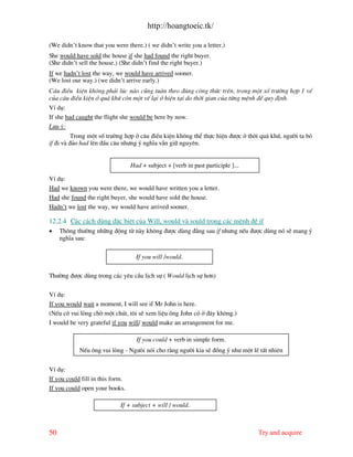 http://hoangtoeic.tk/

(We didn’t know that you were there.) ( we didn’t write you a letter.)
She would have sold the house if she had found the right buyer.
(She didn’t sell the house.) (She didn’t find the right buyer.)
If we hadn’t lost the way, we would have arrived sooner.
(We lost our way.) (we didn’t arrive early.)
C©u ®iÒu kiÖn kh«ng ph¶i lóc n o còng tu©n theo ®óng c«ng thøc trªn, trong mét sè tr−êng hîp 1 vÕ
cña c©u ®iÒu kiÖn ë qu¸ khø cßn mét vÕ l¹i ë hiÖn t¹i do thêi gian cña tõng mÖnh ®Ò quy ®Þnh.
VÝ dô:
If she had caught the flight she would be here by now.
L−u ý:
         Trong mét sè tr−êng hîp ë c©u ®iÒu kiÖn kh«ng thÓ thùc hiÖn ®−îc ë thêi qu¸ khø, ng−êi ta bá
if ®i v ®¶o had lªn ®Çu c©u nh−ng ý nghÜa vÉn gi÷ nguyªn.


                                  Had + subject + [verb in past participle ]...

VÝ dô:
Had we known you were there, we would have written you a letter.
Had she found the right buyer, she would have sold the house.
Hadn’t we lost the way, we would have arrived sooner.

12.2.4 C¸c c¸ch dïng ®Æc biÖt cña Will, would v sould trong c¸c mÖnh ®Ò if
•    Th«ng th−êng nh÷ng ®éng tõ n y kh«ng ®−îc dïng ®»ng sau if nh−ng nÕu ®−îc dïng nã sÏ mang ý
     nghÜa sau:

                                    If you will /would.

Th−êng ®−îc dïng trong c¸c yªu cÇu lÞch sù ( Would lÞch sù h¬n)

VÝ dô:
If you would wait a moment, I will see if Mr John is here.
(NÕu c« vui lßng chê mét chót, t«i sÏ xem liÖu «ng John cã ë ®©y kh«ng.)
I would be very grateful if you will/ would make an arrangement for me.

                                    If you could + verb in simple form.
            NÕu «ng vui lßng - Ng−ßi nãi cho r»ng ng−êi kia sÏ ®ång ý nh− mét lÏ tÊt nhiªn


VÝ dô:
If you could fill in this form.
If you could open your books.

                             If + subject + will / would.



50                                                                                Try and acquire
 