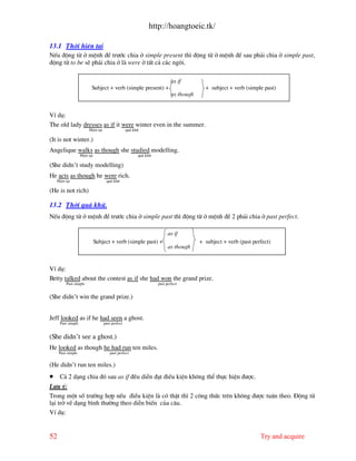 http://hoangtoeic.tk/

13.1 Thêi hiÖn t¹i
NÕu ®éng tõ ë mÖnh ®Ò tr−íc chia ë simple present th× ®éng tõ ë mÖnh ®Ò sau ph¶i chia ë simple past,
®éng tõ to be sÏ ph¶i chia ë l were ë tÊt c¶ c¸c ng«i.

                                                                          as if
                          Subject + verb (simple present) +                             + subject + verb (simple past)
                                                                          as though


VÝ dô:
The old lady dresses as if it were winter even in the summer.
                        HiÖn t¹i                  qu¸ khø

(It is not winter.)
Angelique walks as though she studied modelling.
                   HiÖn t¹i                             qu¸ khø

(She didn’t study modelling)
He acts as though he were rich.
    HiÖn t¹i                        qu¸ khø

(He is not rich)

13.2 Thêi qu¸ khø.
NÕu ®éng tõ ë mÖnh ®Ò tr−íc chia ë simple past th× ®éng tõ ë mÖnh ®Ò 2 ph¶i chia ë past perfect.

                                                                        as if
                              Subject + verb (simple past) +                          + subject + verb (past perfect)
                                                                        as though


VÝ dô:
Betty talked about the contest as if she had won the grand prize.
         Past simple                                              past perfect


(She didn’t win the grand prize.)


Jeff looked as if he had seen a ghost.
     Past simple                   past perfect


(She didn’t see a ghost.)
He looked as though he had run ten miles.
     Past simple                       past perfect


(He didn’t run ten miles.)
•    C¶ 2 d¹ng chia ®ã sau as if ®Òu diÔn ®¹t ®iÒu kiÖn kh«ng thÓ thùc hiÖn ®−îc.
L−u ý:
Trong mét sè tr−êng hîp nÕu ®iÒu kiÖn l cã thËt th× 2 c«ng thøc trªn kh«ng ®−îc tu©n theo. §éng tõ
l¹i trë vÒ d¹ng b×nh th−êng theo diÔn biÕn cña c©u.
VÝ dô:


52                                                                                                              Try and acquire
 