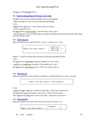 http://nguyencuong229.tk/

He looks as if he has finish the test.

14. C¸ch sö dông ®éng tõ To hope v to wish.
Hai ®éng tõ n y tuy ®ång nghÜa nh−ng kh¸c nhau vÒ mÆt ng÷ ph¸p.
+ §»ng sau ®éng tõ to hope l mét c©u diÔn biÕn b×nh th−êng.
VÝ dô:
I hope that they will come. ( I don’t know if they are coming.)
( T«i hy väng l hä sÏ tíi.)
We hope that they came yesterday. ( We don’t know if they came.)
+ Nh−ng ®éng tõ to wish l¹i ®ßi hái ®»ng sau nã ph¶i l mét ®iÒu kiÖn kh«ng thÓ thùc hiÖn ®−îc. §iÒu
kiÖn n y chia l m 3 thêi.

14.1 Thêi t−¬ng lai.
§éng tõ ë mÖnh ®Ò sau sÏ ph¶i l Would / could + verb hoÆc were + Ving.

                                                             Could + verb
                Subject + wish + (that) + Subject* +         would + verb      + ...
                                                             were + Ving



Subject* : cã thÓ l cïng hoÆc kh¸c chñ ng÷ víi chñ ng÷ trong mÖnh ®Ò chÝnh.
VÝ dô:
We wish that you could come to the party tonight. (You can’t come.)
I wish that you would stop saying that. (You probably won’t stop.)
She wish that she were coming with us. ( She is not coming with us.)


14.2 Thêi hiÖn t¹i
§éng tõ ë mÖnh ®Ò 2 sÏ chia ë simple past. §éng tõ to be ph¶i chia l m were ë tÊt c¶ c¸c ng«i.


                         Subject + wish + (that) + Subject* + verb in simple past ...



VÝ dô:
I wish that I had enough time to finish my homework. ( I don’t have enough time.)
We wish that he were old enough to come with us. ( He is not old enough.)
They wish that they didn’t have to go to class today. ( They have to go to class.)

14.3 Thêi qu¸ khø.
§éng tõ ë mÖnh ®Ò sau sÏ ph¶i chia ë Past perfect hoÆc Could have + P2

                                                          Past perfect
             Subject + wish + (that) + Subject +



    Try ….and …..Acquire                                                                         53
 