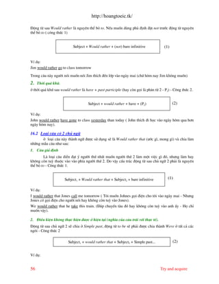 http://hoangtoeic.tk/

§éng tõ sau Would rather l nguyªn thÓ bá to. NÕu muèn dïng phñ ®Þnh ®Æt not tr−íc ®éng tõ nguyªn
thÓ bá to ( c«ng thøc 1)


                          Subject + Would rather + (not) bare infinitive            (1)


VÝ dô:
Jim would rather go to class tomorrow

Trong c©u n y ng−êi nãi muèn nãi Jim thÝch ®Õn líp v o ng y mai (chø h«m nay Jim kh«ng muèn)
2.   Thêi qu¸ khø.
ë thêi qu¸ khø sau would rather l have + past participle (hay cßn gäi l ph©n tõ 2 - P2) - C«ng thøc 2.


                                    Subject + would rather + have + (P2)                  (2)

VÝ dô:
John would rather have gone to class yesterday than today ( John thÝch ®i häc v o ng y h«m qua h¬n
ng y h«m nay).

16.2 Lo¹i c©u cã 2 chñ ng÷
       ë lo¹i c©u n y th nh ng÷ ®−îc sö dông sÏ l Would rather that (−íc g×, mong g×) v chia l m
nh÷ng mÉu c©u nh− sau:
1. C©u gi¶ ®Þnh
         L lo¹i c©u diÔn ®¹t ý ng−êi thø nhÊt muèn ng−êi thø 2 l m mét viÖc g× ®ã, nh−ng l m hay
kh«ng cßn tuú thuéc v o v o phÝa ng−êi thø 2. Do vËy cÊu tróc ®éng tõ sau chñ ng÷ 2 ph¶i l nguyªn
thÓ bá to - C«ng thøc 1.


                     Subject1 + Would rather that + Subject2 + bare infinitive        (1)

VÝ dô:
I would rather that Jones call me tomorrow ( T«i muèn Johnes gäi ®iÖn cho t«i v o ng y mai - Nh−ng
Jones cã gäi ®iÖn cho ng−êi nãi hay kh«ng cßn tuú v o Jones).
We would rather that he take this train. (§¸p chuyÕn t u ®ã hay kh«ng cßn tuú v o anh Êy - Hä chØ
muèn vËy).

2. §iÒu kiÖn kh«ng thùc hiÖn ®−îc ë hiÖn t¹i (nghÜa cña c©u tr¸i víi thùc tÕ).
§éng tõ sau chñ ng÷ 2 sÏ chia ë Simple past, ®éng tõ to be sÏ ph¶i ®−îc chia th nh Were ë tÊt c¶ c¸c
ng«i - C«ng thøc 2

                       Subject1 + would rather that + Subject2 + Simple past...           (2)


VÝ dô:


56                                                                                Try and acquire
 