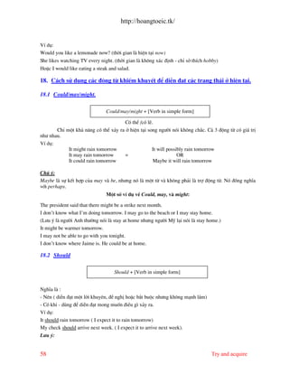 http://hoangtoeic.tk/


VÝ dô:
Would you like a lemonade now? (thêi gian l hiÖn t¹i now)
She likes watching TV every night. (thêi gian l kh«ng x¸c ®Þnh - chØ së thÝch hobby)
HoÆc I would like eating a steak and salad.

18. C¸ch sö dông c¸c ®éng tõ khiÕm khuyÕt ®Ó diÔn ®¹t c¸c tr¹ng th¸i ë hiÖn t¹i.

18.1 Could/may/might.

                               Could/may/might + [Verb in simple form]

                                     Cã thÓ /cã lÏ.
       ChØ mét kh¶ n¨ng cã thÓ x¶y ra ë hiÖn t¹i song ng−êi nãi kh«ng ch¾c. C¶ 3 ®éng tõ cã gi¸ trÞ
nh− nhau.
VÝ dô:
            It might rain tomorrow                 It will possibly rain tomorrow
            It may rain tomorrow      =                         OR
            It could rain tomorrow                 Maybe it will rain tomorrow

Chó ý:
Maybe l sù kÕt hîp cña may v be, nh−ng nã l mét tõ v kh«ng ph¶i l trî ®éng tõ. Nã ®ång nghÜa
víi perhaps.
                               Mét sè vÝ dô vÒ Could, may, v might:

The president said that there might be a strike next month.
I don’t know what I’m doing tomorrow. I may go to the beach or I may stay home.
(L−u ý l ng−êi Anh th−êng nãi l stay at home nh−ng ng−êi Mü l¹i nãi l stay home.)
It might be warmer tomorrow.
I may not be able to go with you tonight.
I don’t know where Jaime is. He could be at home.

18.2 Should

                                   Should + [Verb in simple form]


NghÜa l :
- Nªn ( diÔn ®¹t mét lêi khuyªn, ®Ò nghÞ hoÆc b¾t buéc nh−ng kh«ng m¹nh l¾m)
- Cã khi - dïng ®Ó diÔn ®¹t mong muèn ®iÒu g× x¶y ra.
VÝ dô:
It should rain tomorrow ( I expect it to rain tomorrow)
My check should arrive next week. ( I expect it to arrive next week).
L−u ý:


58                                                                              Try and acquire
 
