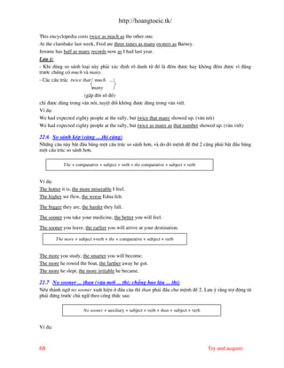 http://hoangtoeic.tk/

This encyclopedia costs twice as much as the other one.
At the clambake last week, Fred ate three times as many oysters as Barney.
Jerome has half as many records now as I had last year.
L−u ý:
- Khi dïng so s¸nh lo¹i n y ph¶i x¸c ®Þnh râ danh tõ ®ã l ®Õm ®−îc hay kh«ng ®Õm ®−îc v× ®»ng
tr−íc chóng cã much v many.
- C¸c cÊu tróc twice that much ...
                         many
                     (gÊp ®«i sè ®ã)
chØ ®−îc dïng trong v¨n nãi, tuyÖt ®èi kh«ng ®−îc dïng trong v¨n viÕt.
VÝ dô:
We had expected eighty people at the rally, but twice that many showed up. (v¨n nãi)
We had expected eighty people at the rally, but twice as many as that number showed up. (v¨n viÕt)

22.6 So s¸nh kÐp (c ng ....th× c ng)
Nh÷ng c©u n y b¾t ®Çu b»ng mét cÊu tróc so s¸nh h¬n, v do ®ã mÖnh ®Ò thø 2 còng ph¶i b¾t ®Çu b»ng
mét cÊu tróc so s¸nh h¬n.

            The + comparative + subject + verb + the comparative + subject + verb


VÝ dô:
The hotter it is, the more miserable I feel.
The higher we flew, the worse Edna felt.

The bigger they are, the harder they fall.

The sooner you take your medicine, the better you will feel.

The sooner you leave, the earlier you will arrive at your destination.

         The more + subject +verb + the + comparative + subject + verb


The more you study, the smarter you will become.
The more he rowed the boat, the farther away he got.
The more he slept, the more irritable he became.

22.7 No sooner ... than (võa míi ... th×; ch¼ng bao l©u ... th×)
NÕu th nh ng÷ no sooner xuÊt hiÖn ë ®Çu c©u th× than ph¶i ®Çu cho mÖnh ®Ò 2. L−u ý r»ng trî ®éng tõ
ph¶i ®øng tr−íc chñ ng÷ theo c«ng thøc sau:

                       No sooner + auxiliary + subject + verb + than + subject + verb


VÝ dô:



68                                                                                      Try and acquire
 