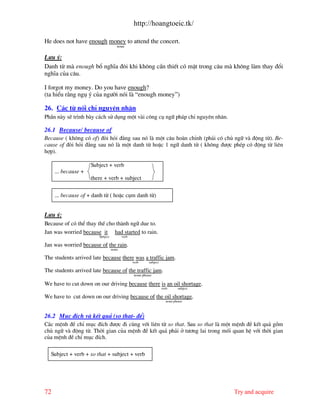 http://hoangtoeic.tk/

He does not have enough money to attend the concert.
                                     noun


L−u ý:
Danh tõ m enough bæ nghÜa ®«i khi kh«ng cÇn thiÕt cã mÆt trong c©u m kh«ng l m thay ®æi
nghÜa cña c©u.

I forgot my money. Do you have enough?
(ta hiÓu r»ng ngô ý cña ng−êi nãi l “enough money”)

26. C¸c tõ nèi chØ nguyªn nh©n
PhÇn n y sÏ tr×nh b y c¸ch sö dông mét v i c«ng cô ng÷ ph¸p chØ nguyªn nh©n.

26.1 Because/ because of
Because ( kh«ng cã of) ®ßi hái ®»ng sau nã l mét c©u ho n chØnh (ph¶i cã chñ ng÷ v ®éng tõ). Be-
cause of ®ßi hái ®»ng sau nã l mét danh tõ hoÆc 1 ng÷ danh tõ ( kh«ng ®−îc phÐp cã ®éng tõ liªn
hîp).

                     Subject + verb
     ... because +
                     there + verb + subject

     ... because of + danh tõ ( hoÆc côm danh tõ)


L−u ý:
Because of cã thÓ thay thÕ cho th nh ng÷ due to.
Jan was worried because it had started to rain.
                        Subject          verb

Jan was worried because of the rain.
                                  noun

The students arrived late because there was a traffic jam.
                                                verb     subject

The students arrived late because of the traffic jam.
                                                noun phrase

We have to cut down on our driving because there is an oil shortage.
                                                                   verb      subject

We have to cut down on our driving because of the oil shortage.
                                                                     noun phrase



26.2 Môc ®Ých v kÕt qu¶ (so that- ®Ó)
C¸c mÖnh ®Ò chØ môc ®Ých ®−îc ®i cïng víi liªn tõ so that. Sau so that l mét mÖnh ®Ò kÕt qu¶ gåm
chñ ng÷ v ®éng tõ. Thêi gian cña mÖnh ®Ò kÕt qu¶ ph¶i ë t−¬ng lai trong mèi quan hÖ víi thêi gian
cña mÖnh ®Ò chØ môc ®Ých.

  Subject + verb + so that + subject + verb




72                                                                                     Try and acquire
 