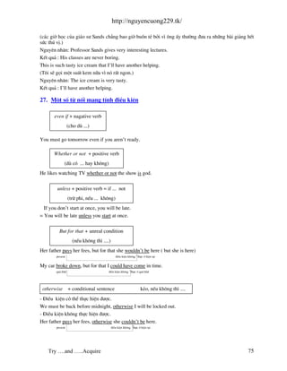 http://nguyencuong229.tk/

(c¸c giê häc cña gi¸o s− Sands ch¼ng bao giê buån tÎ bëi v× «ng Êy th−êng ®−a ra nh÷ng b i gi¶ng hÕt
søc thó vÞ.)
Nguyªn nh©n: Professor Sands gives very interesting lectures.
KÕt qu¶ : His classes are never boring.
This is such tasty ice cream that I’ll have another helping.
(T«i sÏ gäi mét suÊt kem n÷a v× nã rÊt ngon.)
Nguyªn nh©n: The ice cream is very tasty.
KÕt qu¶ : I’ll have another helping.

27. Mét sè tõ nèi mang tÝnh ®iÒu kiÖn

       even if + nagative verb
                  (cho dï ...)

You must go tomorrow even if you aren’t ready.

       Whether or not + positive verb
              (dï cã ... hay kh«ng)
He likes watching TV whether or not the show is god.

         unless + positive verb = if ... not
                  (trõ phi, nÕu ... kh«ng)
  If you don’t start at once, you will be late.
= You will be late unless you start at once.

          But for that + unreal condition
                    (nÕu kh«ng th× ....)
Her father pays her fees, but for that she wouldn’t be here ( but she is here)
        present                               ®iÒu kiÖn kh«ng thùc ë hiÖn t¹i


My car broke down, but for that I could have come in time.
        qu¸ khø                        ®iÒu kiÖn kh«ng thùc ë qu¸ khø




 otherwise        + conditional sentence                          kÎo, nÕu kh«ng th× ....
- §iÒu kiÖn cã thÓ thùc hiÖn ®−îc.
We must be back before midnight, otherwise I will be locked out.
- §iÒu kiÖn kh«ng thùc hiÖn ®−îc.
Her father pays her fees, otherwise she couldn’t be here.
        present                            ®iÒu kiÖn kh«ng thùc ë hiÖn t¹i




    Try ….and …..Acquire                                                                         75
 