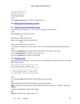 http://nguyencuong229.tk/


 Needn’t + have + P2

(lÏ ra kh«ng cÇn ph¶i)
VÝ dô:
You needn’t have hurried, we still have enough time now.

35. Nh÷ng c¸ch sö dông kh¸c cña that

35.1 That víi t− c¸ch cña mét liªn tõ (r»ng)
- Khi that ®øng sau 4 ®éng tõ : say, tell, think, believe ng−êi ta cã thÓ bá nã ®i.
VÝ dô:
John said that he was leaving next week.
                 Hay
John said he was leaving next week.
Henry told me that he had a lot of work to do.
                 Hay
Henry told me he had a lot of work to do.
- Tuy nhiªn, sau 4 ®éng tõ : mention, declare, report, state th× that kh«ng thÓ bá ®i, b¾t buéc ph¶i cã.
VÝ dô:
The mayor declared that on June the first he would announce the results of the search.
George mentioned that he was going to France next year.
The article stated that this solution was flammable.

35.2 MÖnh ®Ò cã that
L lo¹i mÖnh ®Ò b¾t buéc ph¶i cã that trong c©u, nã cã thÓ dïng víi chñ ng÷ h×nh thøc it, hoÆc ®øng
®Çu c©u l m chñ ng÷.

 It + to be + adj + that + subject + verb ....


   That + subject + verb +... + to be + adj


VÝ dô:
It is well known that many residents of third world countries are dying.
Hay
That many residents of third world countries are dying is well known.
L−u ý: NÕu mét c©u b¾t ®Çu b»ng 1 mÖnh ®Ò that, ta ph¶i ch¾c ch¾n r»ng c¶ 2 mÖnh ®Ò cïng chøa 1
®éng tõ.
It surprises me that John would do such a thing.
Hay
That John would do such a thing surprises me.


    Try ….and …..Acquire                                                                               87
 