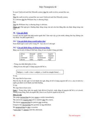 http://hoangtoeic.tk/

It wasn’t believed until the fifteenth century that the earth revolves around the sun.
hay
That the earth revolves around the sun wasn’t believed until the fifteenth century.
It is obvious that the Williams boy is abusing drugs.
Hay
That the Williams boy is abusing drugs is obvious.
NhËn xÐt: Chñ ng÷ gi¶ it th−êng ®−îc dïng trong v¨n nãi cßn that ®øng ®Çu c©u ®−îc dïng trong v¨n
viÕt.

36. C©u gi¶ ®Þnh
L lo¹i c©u m ng−êi thø nhÊt muèn ng−êi thø 2 l m mét viÖc g× cho m×nh, nh−ng l m hay kh«ng cßn
tuú thuéc v o phÝa ng−êi thø 2.

36.1 C©u gi¶ ®Þnh dïng would rather that
Xem th nh ng÷ would rather trang 49 - lo¹i c©u cã 2 chñ ng÷.

36.2 C©u gi¶ ®Þnh dïng víi ®éng tõ trong b¶ng.
B¶ng sau l mét sè ®éng tõ b¾t buéc ®éng tõ sau nã ph¶i ë d¹ng gi¶ ®Þnh.

           advise        demand       prefer         require
           ask           insist       propose        stipulate
           command       move         recommend      suggest
           decree        order        request        urge

- Trong c©u nhÊt ®Þnh ph¶i cã that.
- §éng tõ sau chñ ng÷ 2 ë d¹ng nguyªn thÓ bá to.


      Subject1 + verb + that + subject 2+ [verb in simple form] ...
VÝ dô:
We urge that he leave now.
NÕu bá that ®i chñ ng÷ 2 sÏ trë th nh t©n ng÷, ®éng tõ trë vÒ d¹ng nguyªn thÓ cã to, c©u sÏ mÊt ®i ý
nghÜa gi¶ ®Þnh v trë th nh c©u b×nh th−êng.
VÝ dô:
We urge him to leave now.
L−u ý : Trong tiÕng Anh cña ng−êi Anh (British English), tr−íc ®éng tõ nguyªn thÓ bá to cã should.
Nh−ng trong tiÕng Anh cña ng−êi Mü (American English) ng−êi ta bá nã ®i.
Mét sè vÝ dô
The judge insisted that the jury return a verdict immediately.
The university requires that all its students take this course.
The doctor suggested that his patient stop smoking.
Congress has decreed that the gasoline tax be abolished.
We proposed that he take a vacation.
I move that we adjourn until this afternoon.


88                                                                             Try and acquire
 