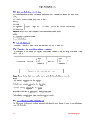 http://hoangtoeic.tk/

36.5 C©u gi¶ ®Þnh dïng víi it is time
It is time (for smb) to do smth : ® ®Õn lóc ph¶i l m g×. (thêi gian võa vÆn, kh«ng ®−a ra gi¶ ®Þnh)
VÝ dô:
It is time for me to get to the airport (just in time).
Nh−ng:
It is time
It is high time        subject + simple past    (® ®Õn lóc - gi¶ ®Þnh thêi gian ®Õn trÔ mét chót)
It is about time
NhËn xÐt: High/ about ®−îc dïng tr−íc time ®Ó thªm v o ý nhÊn m¹nh.
VÝ dô:
It’s high time I left for the airport.
(it is a little bit late)

37. Lèi nãi bao h m
§ã l lèi nãi kÕt hîp 2 ý trong c©u l¹i l m mét th«ng qua mét sè th nh ng÷.

37.1 Not only ... but also (kh«ng nh÷ng ... m cßn)
C¸c th nh phÇn ®i sau 2 th nh ng÷ n y ph¶i t−¬ng ®−¬ng víi nhau vÒ mÆt ng÷ ph¸p, tøc l danh - danh,
tÝnh tõ - tÝnh tõ...

                                               Noun                                             noun
                                               adj                                              adj
     Subject + verb + not only +               adv                               + but also +   adv
                                               ng÷ giíi tõ                                      ng÷ giíi tõ




                             Subject + not only + verb + but also + verb


L−u ý: Th«ng th−êng th nh phÇn sau but also sÏ quyÕt ®Þnh th nh phÇn sau not only.
VÝ dô:
He is not only handsome but also talented.
                 tÝnh tõ                       tÝnh tõ

Beth plays not only the guitar but also the violin.
                           Danh tõ                       danh tõ

He writes not only correctly but also neatly.
                           Adv                    adv

Maria excels not only in mathematics but also in science.
                                 Ng÷ giíi tõ             ng÷ giíi tõ

Paul Anka not only plays the piano but also composes music.
                      §éng tõ                                          ®éng tõ



37.2 As well as (còng nh−, còng nh− l )
C¸c th nh phÇn ®i ®»ng tr−íc v ®»ng sau th nh ng÷ n y ph¶i t−¬ng ®−¬ng víi nhau vÒ mÆt tõ lo¹i theo
c«ng thøc d−íi ®©y:




90                                                                                                            Try and acquire
 