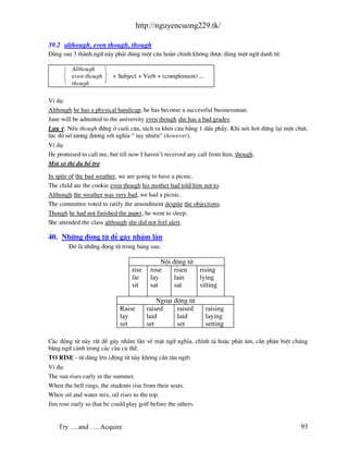 http://nguyencuong229.tk/

39.2 although, even though, though
§»ng sau 3 th nh ng÷ n y ph¶i dïng mét c©u ho n chØnh kh«ng ®−îc dïng mét ng÷ danh tõ.

         Although
         even though      + Subject + Verb + (complement) ...
         though

VÝ dô:
Although he has a physical handicap, he has become a successful businessman.
Jane will be admitted to the university even though she has a bad grades.
L−u ý: NÕu though ®øng ë cuèi c©u, t¸ch ra khái c©u b»ng 1 dÊu phÈy. Khi nãi h¬i dõng l¹i mét chót,
lóc ®ã nã t−¬ng ®−¬ng víi nghÜa “ tuy nhiªn” (however).
VÝ dô:
He promised to call me, but till now I haven’t received any call from him, though.
Mét sè thÝ dô bæ trî

In spite of the bad weather, we are going to have a picnic.
The child ate the cookie even though his mother had told him not to.
Although the weather was very bad, we had a picnic.
The committee voted to ratify the amendment despite the objections.
Though he had not finished the paper, he went to sleep.
She attended the class although she did not feel alert.

40. Nh÷ng ®éng tõ dÔ g©y nhÇm lÉn
        §ã l nh÷ng ®éng tõ trong b¶ng sau:

                                              Néi ®éng tõ
                                  rise    rose     risen       rising
                                  lie     lay      lain        lying
                                  sit     sat      sat         sitting

                                             Ngo¹i ®éng tõ
                             Raise       raised     raised       raising
                             lay         laid       laid         laying
                             set         set        set          setting

C¸c ®éng tõ n y rÊt dÔ g©y nhÇm lÉn vÒ mÆt ng÷ nghÜa, chÝnh t¶ hoÆc ph¸t ©m, cÇn ph©n biÖt chóng
b»ng ng÷ c¶nh trong c¸c c©u cô thÓ.
TO RISE - tõ d©ng lªn (®éng tõ n y kh«ng cÇn t©n ng÷)
VÝ dô:
The sun rises early in the summer.
When the bell rings, the students rise from their seats.
When oil and water mix, oil rises to the top.
Jim rose early so that he could play golf before the others.


    Try ….and …..Acquire                                                                        93
 