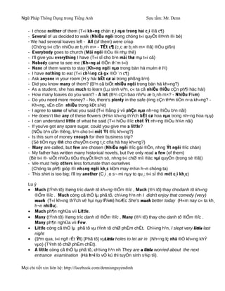 Ngữ Pháp Thông Dụng trong Tiếng Anh                              Sưu tầm: Mr. Denn

   - I chose neither of them (T«i kh«ng chän c¸i nµo trong hai c¸i ®ã c¶)
   - Several of us decided to walk (NhiÒu ngêi trong chóng t«i quyÕt ®Þnh ®i bé)
   - We had several loaves left - All (of them) were crisp
     (Chóng t«i cßn nhiÒu æ b¸nh m× - TÊt c¶ (c¸c æ b¸nh m× ®ã) ®Òu gißn)
   - Everybody goes to church (Mäi ngêi ®Òu ®i nhµ thê)
   - I'll give you everything I have (T«i sÏ cho b¹n mäi thø mµ t«i cã)
   - Nobody came to see me (Kh«ng ai ®Õn th¨m t«i)
   - None of them wants to stay (Kh«ng ngêi nµo trong bän hä muèn ë l¹i)
   - I have nothing to eat (T«i ch¼ng cã g× ®Ó ¨n c¶)
   - Ask anyone in your room (H·y hái bÊt cø ai trong phßng b¹n)
   - Did you know many of them? (B¹n cã biÕt nhiÒu ngêi trong bän hä kh«ng?)
   - As a student, she has much to learn (Lµ sinh viªn, c« ta cã nhiÒu ®iÒu cÇn ph¶i häc hái)
   - How many loaves do you want? - A lot (B¹n cÇn bao nhiªu æ b¸nh m×? - NhiÒu l¾m)
   - Do you need more money? - No, there's plenty in the safe (¤ng cÇn thªm tiÒn n÷a kh«ng? -
     Kh«ng, vÉn cßn nhiÒu trong kÐt s¾t)
   - I agree to some of what you said (T«i ®ång ý víi phÇn nµo nh÷ng ®iÒu b¹n nãi)
   - He doesn't like any of these flowers (H¾n kh«ng thÝch bÊt cø hoa nµo trong nh÷ng hoa nµy)
   - I can understand little of what he said (T«i hiÓu ®îc chót Ýt nh÷ng ®iÒu h¾n nãi)
   - If you've got any spare sugar, could you give me a little?
     (NÕu b¹n cßn ®êng, b¹n cho t«i mét Ýt ®îc kh«ng?)
   - Is this sum of money enough for their business trip?
     (Sè tiÒn nµy ®ñ cho chuyÕn c«ng t¸c cña hä hay kh«ng?)
   - Many are called, but few are chosen (NhiÒu ngêi ®îc gäi ®Õn, nhng Ýt ngêi ®îc chän)
   - My father has written many historical novels, but I've only read a few (of them)
    (Bè t«i ®· viÕt nhiÒu tiÓu thuyÕt lÞch sö, nhng t«i chØ míi ®äc vµi quyÓn (trong sè ®ã))
   - We must help others less fortunate than ourselves
     (Chóng ta ph¶i gióp ®ì nh÷ng ngêi kh¸c kÐm may m¾n h¬n chóng ta)
   - This shirt is too big; I'll try another (C¸i ¸o s¬ mi nµy to qu¸; t«i sÏ thö mét c¸i kh¸c)

   Lu ý
   • Much (tÝnh tõ) ®øng tríc danh tõ kh«ng ®Õm ®îc , Much (®¹i tõ) thay chodanh tõ kh«ng
      ®Õm ®îc . Much còng cã thÓ lµ phã tõ, ch¼ng h¹n nh I didn't enjoy that comedy (very)
      much (T«i kh«ng thÝch vë hµi nµy l¾m) hoÆc She's much better today (H«m nay c« ta kh¸
      h¬n nhiÒu).
   • Much ph¶n nghÜa víi Little.
   • Many (tÝnh tõ) ®øng tríc danh tõ ®Õm ®îc , Many (®¹i tõ) thay cho danh tõ ®Õm ®îc .
      Many ph¶n nghÜa víi Few.
   • Little còng cã thÓ lµ phã tõ vµ tÝnh tõ chØ phÈm chÊt. Ch¼ng h¹n, I slept very little last
      night
   • (§ªm qua, t«i ngñ rÊt Ýt) [Phã tõ] vµLittle holes to let air in (Nh÷ng lç nhá ®Ó kh«ng khÝ
      vµo) (TÝnh tõ chØ phÈm chÊt).
   • A little còng cã thÓ lµ phã tõ, ch¼ng h¹n nh They are a little worried about the next
      entrance examination (Hä h¬i lo vÒ kú thi tuyÓn sinh s¾p tíi).

Mọi chi tiết xin liên hệ: http://facebook.com/dennisnguyendinh
 
