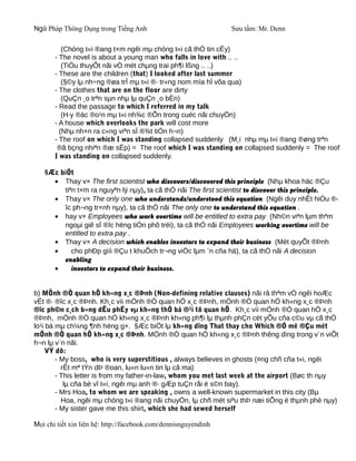 Ngữ Pháp Thông Dụng trong Tiếng Anh                              Sưu tầm: Mr. Denn

          (Chóng t«i ®ang t×m ngêi mµ chóng t«i cã thÓ tin cËy)
       - The novel is about a young man who falls in love with .. ..
          (TiÓu thuyÕt nãi vÒ mét chµng trai ph¶i lßng .. ..)
       - These are the children (that) I looked after last summer
          (§©y lµ nh÷ng ®øa trÎ mµ t«i ®· tr«ng nom mïa hÌ võa qua)
       - The clothes that are on the floor are dirty
          (QuÇn ¸o trªn sµn nhµ lµ quÇn ¸o bÈn)
       - Read the passage to which I referred in my talk
          (H·y ®äc ®o¹n mµ t«i nh¾c ®Õn trong cuéc nãi chuyÖn)
       - A house which overlooks the park will cost more
         (Nhµ nh×n ra c«ng viªn sÏ ®¾t tiÒn h¬n)
       - The roof on which I was standing collapsed suddenly (M¸i nhµ mµ t«i ®ang ®øng trªn
        ®ã bçng nhiªn ®æ sËp) = The roof which I was standing on collapsed suddenly = The roof
       I was standing on collapsed suddenly.

   §Æc biÖt
     • Thay v× The first scientist who discovers/discovered this principle (Nhµ khoa häc ®Çu
        tiªn t×m ra nguyªn lý nµy), ta cã thÓ nãi The first scientist to discover this principle.
     • Thay v× The only one who understands/understood this equation (Ngêi duy nhÊt hiÓu ®-
        îc ph¬ng tr×nh nµy), ta cã thÓ nãi The only one to understand this equation .
     • hay v× Employees who work overtime will be entitled to extra pay (Nh©n viªn lµm thªm
        ngoµi giê sÏ ®îc hëng tiÒn phô tréi), ta cã thÓ nãi Employees working overtime will be
        entitled to extra pay .
     • Thay v× A decision which enables investors to expand their business (Mét quyÕt ®Þnh
     •     cho phÐp giíi ®Çu t khuÕch tr¬ng viÖc lµm ¨n cña hä), ta cã thÓ nãi A decision
        enabling
     •     investors to expand their business.


b) MÖnh ®Ò quan hÖ kh«ng x¸c ®Þnh (Non-defining relative clauses) nãi râ thªm vÒ ngêi hoÆc
vËt ®· ®îc x¸c ®Þnh. Kh¸c víi mÖnh ®Ò quan hÖ x¸c ®Þnh, mÖnh ®Ò quan hÖ kh«ng x¸c ®Þnh
®îc ph©n c¸ch b»ng dÊu phÈy vµ kh«ng thÓ bá ®¹i tõ quan hÖ. Kh¸c víi mÖnh ®Ò quan hÖ x¸c
®Þnh, mÖnh ®Ò quan hÖ kh«ng x¸c ®Þnh kh«ng ph¶i lµ thµnh phÇn cèt yÕu cña c©u vµ cã thÓ
lo¹i bá mµ ch¼ng ¶nh hëng g×. §Æc biÖt lµ kh«ng dïng That thay cho Which ®Ó më ®Çu mét
mÖnh ®Ò quan hÖ kh«ng x¸c ®Þnh. MÖnh ®Ò quan hÖ kh«ng x¸c ®Þnh thêng dïng trong v¨n viÕt
h¬n lµ v¨n nãi.
     VÝ dô:
        - My boss, who is very superstitious , always believes in ghosts (¤ng chñ cña t«i, ngêi
          rÊt mª tÝn dÞ ®oan, lu«n lu«n tin lµ cã ma)
        - This letter is from my father-in-law, whom you met last week at the airport (Bøc th nµy
           lµ cña bè vî t«i, ngêi mµ anh ®· gÆp tuÇn råi ë s©n bay).
        - Mrs Hoa, to whom we are speaking , owns a well-known supermarket in this city (Bµ
          Hoa, ngêi mµ chóng t«i ®ang nãi chuyÖn, lµ chñ mét siªu thÞ næi tiÕng ë thµnh phè nµy)
        - My sister gave me this shirt, which she had sewed herself

Mọi chi tiết xin liên hệ: http://facebook.com/dennisnguyendinh
 