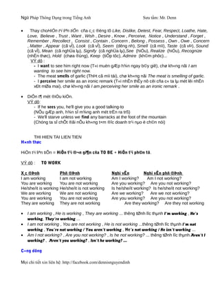 Ngữ Pháp Thông Dụng trong Tiếng Anh                               Sưu tầm: Mr. Denn


•     Thay choHiÖn t¹i liªn tiÕn cña c¸c ®éng tõ Like, Dislike, Detest, Fear, Respect, Loathe, Hate,
    Love, Believe , Trust , Want , Wish , Desire , Know , Perceive, Notice , Understand , Forget ,
    Remember , Recollect , Consist , Contain , Concern , Belong , Possess , Own , Owe , Concern
    , Matter , Appear (cã vÎ), Look (cã vÎ), Seem (dêng nh), Smell (cã mïi), Taste (cã vÞ), Sound
    (cã vÎ), Mean (cã nghÜa lµ), Signify (cã nghÜa lµ),See (hiÓu), Realize (hiÓu), Recognize
    (nhËn thøc), Hold (chøa ®ùng), Keep (tiÕp tôc), Admire (kh©m phôc)...
      VÝ dô :
        - I want to see him right now (T«i muèn gÆp h¾n ngay b©y giê), chø kh«ng nãi I am
        wanting to see him right now.
        - The meat smells of garlic (ThÞt cã mïi tái), chø kh«ng nãi The meat is smelling of garlic.
        - I perceive her smile as an ironic remark (T«i nhËn thÊy nô cêi cña c« ta lµ mét lêi nhËn
        xÐt mØa mai), chø kh«ng nãi I am perceiving her smile as an ironic remark .

•   DiÔn t¶ mét ®iÒu kiÖn.
    VÝ dô:
       - If he sees you, he'll give you a good talking-to
       (NÕu gÆp anh, h¾n sÏ m¾ng anh mét trËn ra trß)
       - We'll starve unless we find any barracks at the foot of the mountain
       (Chóng ta sÏ chÕt ®ãi nÕu kh«ng t×m ®îc doanh tr¹i nµo ë ch©n nói)


      THI HIEN TAI LIEN TIEN
H×nh thøc

HiÖn t¹i liªn tiÕn = HiÖn t¹i ®¬n gi¶n cña TO BE + HiÖn t¹i ph©n tõ.

VÝ dô :    TO WORK

X¸c ®Þnh               Phñ ®Þnh                    Nghi vÊn          Nghi vÊn phñ ®Þnh
I am working           I am not working            Am I working?      Am I not working?
You are working        You are not working         Are you working? Are you not working?
He/she/it is working   He/she/it is not working    Is he/she/it working? Is he/she/it not working?
We are working         We are not working          Are we working?      Are we not working?
You are working        You are not working         Are you working? Are you not working?
They are working       They are not working               Are they working? Are they not working

•   I am working , He is working , They are working ... thêng tØnh lîc thµnh I'm working , He's
    working, They're working ...
•   I am not working , You are not working , He is not working ...thêng tØnh lîc thµnh I'm not
    working , You're not working / You aren't working , He's not working / He isn't working ...
•   Am I not working? , Are you not working? , Is he not working? ... thêng tØnh lîc thµnh Aren't I
    working? , Aren't you working? , Isn't he working? ...

C«ng dông

Mọi chi tiết xin liên hệ: http://facebook.com/dennisnguyendinh
 