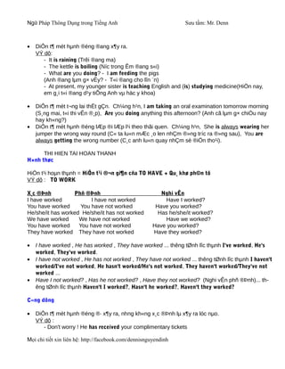 Ngữ Pháp Thông Dụng trong Tiếng Anh                                Sưu tầm: Mr. Denn



•   DiÔn t¶ mét hµnh ®éng ®ang x¶y ra.
    VÝ dô:
       - It is raining (Trêi ®ang ma)
       - The kettle is boiling (Níc trong Êm ®ang s«i)
       - What are you doing? - I am feeding the pigs
       (Anh ®ang lµm g× vËy? - T«i ®ang cho lîn ¨n)
       - At present, my younger sister is teaching English and (is) studying medicine(HiÖn nay,
       em g¸i t«i ®ang d¹y tiÕng Anh vµ häc y khoa)

•   DiÔn t¶ mét t¬ng lai thËt gÇn. Ch¼ng h¹n, I am taking an oral examination tomorrow morning
    (S¸ng mai, t«i thi vÊn ®¸p), Are you doing anything this afternoon? (Anh cã lµm g× chiÒu nay
    hay kh«ng?)
•   DiÔn t¶ mét hµnh ®éng lÆp ®i lÆp l¹i theo thãi quen. Ch¼ng h¹n, She is always wearing her
    jumper the wrong way round (C« ta lu«n mÆc ¸o len nhÇm ®»ng tríc ra ®»ng sau), You are
    always getting the wrong number (C¸c anh lu«n quay nhÇm sè ®iÖn tho¹i).

      THI HIEN TAI HOAN THANH
H×nh thøc

HiÖn t¹i hoµn thµnh = HiÖn t¹i ®¬n gi¶n cña TO HAVE + Qu¸ khø ph©n tõ
VÝ dô : TO WORK

X¸c ®Þnh          Phñ ®Þnh                                Nghi vÊn
I have worked            I have not worked                 Have I worked?
You have worked      You have not worked                Have you worked?
He/she/it has worked He/she/it has not worked            Has he/she/it worked?
We have worked      We have not worked                     Have we worked?
You have worked     You have not worked                Have you worked?
They have worked They have not worked                  Have they worked?

•   I have worked , He has worked , They have worked ... thêng tØnh lîc thµnh I've worked, He's
    worked, They've worked.
•   I have not worked , He has not worked , They have not worked ... thêng tØnh lîc thµnh I haven't
    worked/I've not worked, He hasn't worked/He's not worked, They haven't worked/They've not
    worked ...
•   Have I not worked? , Has he not worked? , Have they not worked? (Nghi vÊn phñ ®Þnh)... th-
    êng tØnh lîc thµnh Haven't I worked?, Hasn't he worked?, Haven't they worked?

C«ng dông

•   DiÔn t¶ mét hµnh ®éng ®· x¶y ra, nhng kh«ng x¸c ®Þnh lµ x¶y ra lóc nµo.
    VÝ dô :
       - Don't worry ! He has received your complimentary tickets

Mọi chi tiết xin liên hệ: http://facebook.com/dennisnguyendinh
 