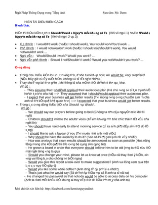 Ngữ Pháp Thông Dụng trong Tiếng Anh                              Sưu tầm: Mr. Denn

      HIEN TAI DIEU KIEN CACH
H×nh thøc

HiÖn t¹i ®iÒu kiÖn c¸ch = Should/Would + Nguyªn mÉu kh«ng cã To (®èi víi ng«i 1) hoÆc Would +
Nguyªn mÉu kh«ng cã To (®èi víi ng«i 2 vµ 3)

•   X¸c ®Þnh : I would/I'd work (hoÆc I should work), You would work/You'd work ...
•   Phñ ®Þnh : I would not/wouldn't work (hoÆc I should not/shouldn't work), You would
    not/wouldn't work ...
•   Nghi vÊn : Would/Should I work? Would you work? ...
•   Nghi vÊn phñ ®Þnh : Should I not/Shouldn't I work? Would you not/Wouldn't you work? ...

C«ng dông

•  Trong c©u ®iÒu kiÖn lo¹i 2. Ch¼ng h¹n, If she turned up now, we would be very surprised
   (NÕu b©y giê c« Êy xuÊt hiÖn, chóng t«i sÏ rÊt ng¹c nhiªn).
• Thay choT¬ng lai ®¬n gi¶n , khi ®éng tõ cña mÖnh ®Ò chÝnh ë th× qu¸ khø.
   VÝ dô :
      - They assume that I shall/will applaud their audacious plan (Hä cho r»ng t«i sÏ t¸n thµnh kÕ
      ho¹ch t¸o b¹o cña hä) ---> They assumed that I should/would applaud their audacious plan.
      - I expect that your business will get better results (T«i mong r»ng c«ng chuyÖn lµm ¨n cña
      anh sÏ ®¹t kÕt qu¶ kh¶ quan h¬n) ---> I expected that your business would get better results.
 • Trong c¸c c«ng dông ®Æc biÖt cña Should vµ Would .
    VÝ dô :
       - We should say our prayers before going to bed (Chóng ta nªn cÇu nguyÖn tríc khi ®i
       ngñ)
       - Children shouldn't imitate the adults' vices (TrÎ em kh«ng nªn b¾t chíc thãi h tËt xÊu cña
       ngêi lín)
       - You should have rised early to attend morning service (LÏ ra anh ph¶i dËy sím ®Ó dù lÔ
       s¸ng)
       - I should like to ask a favour of you (T«i muèn nhê anh mét viÖc)
       - Why should he have the audacity to do it? (Sao nã l¹i c¶ gan lµm nh vËy nhØ?)
       - Hoa was anxious that exam results should be announced as soon as possible (Hoa nãng
       lßng mong cho kÕt qu¶ thi ®îc c«ng bè cµng sím cµng tèt)
       - He grown a beard in order that everyone should believe him to be old (¤ng ta ®Ó r©u ®Ó
       mäi ngêi tëng «ng ta giµ)
       - Should you change your mind, please let us know at once (NÕu cã thay ®æi ý kiÕn, xin
       «ng vui lßng b¸o cho chóng t«i biÕt ngay)
       - Would you give this report a look-over to make suggestions? (Anh vui lßng xem qua b¶n
       b¸o c¸o nµy ®Ó gãp ý)
       - Would you like some white coffee? (Anh dïng tÝ cµ phª s÷a nhÐ?)
       - That's just what he would say (§ã chÝnh lµ ®iÒu mµ cã lÏ anh ta sÏ nãi ra)
      - He changed his password so that nobody would be able to access data on his computer
      (Anh ta ®æi mËt khÈu ®Ó kh«ng ai truy cËp ®îc d÷ liÖu trªn m¸y cña anh ta)

Mọi chi tiết xin liên hệ: http://facebook.com/dennisnguyendinh
 