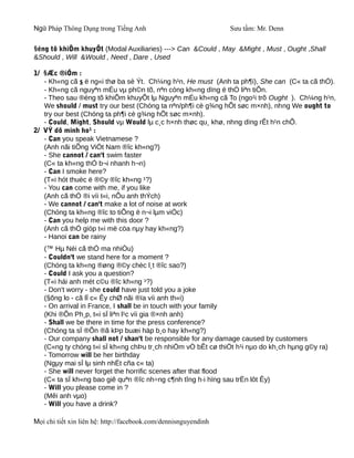 Ngữ Pháp Thông Dụng trong Tiếng Anh                              Sưu tầm: Mr. Denn

§éng tõ khiÕm khuyÕt (Modal Auxiliaries) ---> Can &Could , May &Might , Must , Ought ,Shall
&Should , Will &Would , Need , Dare , Used

1/ §Æc ®iÓm :
   - Kh«ng cã s ë ng«i thø ba sè Ýt. Ch¼ng h¹n, He must (Anh ta ph¶i), She can (C« ta cã thÓ).
   - Kh«ng cã nguyªn mÉu vµ ph©n tõ, nªn còng kh«ng dïng ë thÓ liªn tiÕn.
   - Theo sau ®éng tõ khiÕm khuyÕt lµ Nguyªn mÉu kh«ng cã To (ngo¹i trõ Ought ). Ch¼ng h¹n,
   We should / must try our best (Chóng ta nªn/ph¶i cè g¾ng hÕt søc m×nh), nhng We ought to
   try our best (Chóng ta ph¶i cè g¾ng hÕt søc m×nh).
   - Could, Might, Should vµ Would lµ c¸c h×nh thøc qu¸ khø, nhng dïng rÊt h¹n chÕ.
2/ VÝ dô minh ho¹ :
   - Can you speak Vietnamese ?
   (Anh nãi tiÕng ViÖt Nam ®îc kh«ng?)
   - She cannot / can't swim faster
   (C« ta kh«ng thÓ b¬i nhanh h¬n)
   - Can I smoke here?
   (T«i hót thuèc ë ®©y ®îc kh«ng ¹?)
   - You can come with me, if you like
   (Anh cã thÓ ®i víi t«i, nÕu anh thÝch)
   - We cannot / can't make a lot of noise at work
   (Chóng ta kh«ng ®îc to tiÕng ë n¬i lµm viÖc)
   - Can you help me with this door ?
   (Anh cã thÓ gióp t«i më cöa nµy hay kh«ng?)
   - Hanoi can be rainy
   (™ Hµ Néi cã thÓ ma nhiÒu)
   - Couldn't we stand here for a moment ?
   (Chóng ta kh«ng ®øng ®©y chèc l¸t ®îc sao?)
   - Could I ask you a question?
   (T«i hái anh mét c©u ®îc kh«ng ¹?)
   - Don't worry - she could have just told you a joke
   (§õng lo - cã lÏ c« Êy chØ nãi ®ïa víi anh th«i)
   - On arrival in France, I shall be in touch with your family
   (Khi ®Õn Ph¸p, t«i sÏ liªn l¹c víi gia ®×nh anh)
   - Shall we be there in time for the press conference?
   (Chóng ta sÏ ®Õn ®ã kÞp buæi häp b¸o hay kh«ng?)
   - Our company shall not / shan't be responsible for any damage caused by customers
   (C«ng ty chóng t«i sÏ kh«ng chÞu tr¸ch nhiÖm vÒ bÊt cø thiÖt h¹i nµo do kh¸ch hµng g©y ra)
   - Tomorrow will be her birthday
   (Ngµy mai sÏ lµ sinh nhËt cña c« ta)
   - She will never forget the horrific scenes after that flood
   (C« ta sÏ kh«ng bao giê quªn ®îc nh÷ng c¶nh tîng h·i hïng sau trËn lôt Êy)
   - Will you please come in ?
   (Mêi anh vµo)
   - Will you have a drink?

Mọi chi tiết xin liên hệ: http://facebook.com/dennisnguyendinh
 