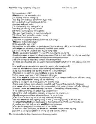 Ngữ Pháp Thông Dụng trong Tiếng Anh                              Sưu tầm: Mr. Denn

   (Anh uèng thø g× nhÐ?)
   - May I turn on the air-conditioner?
   (T«i bËt m¸y l¹nh ®îc kh«ng ¹?)
   - You may turn on the air-conditioner if you wish
   (Anh cã thÓ bËt m¸y l¹nh nÕu anh thÝch)
   - Hoa may not cook today
   (Cã thÓ h«m nay Hoa kh«ng nÊu ¨n)
   - She may be cooking in the kitchen
   (Cã thÓ c« Êy ®ang nÊu ¨n trong bÕp)
   - She may have forgotten to cook me my lunch
   (Cã thÓ c« Êy ®· quªn nÊu c¬m tra cho t«i)
   - May our friendship last forever !
   (Chóc t×nh h÷u nghÞ gi÷a chóng ta ®êi ®êi bÒn v÷ng!)
   - May good fortune attend you !
   (Chóc anh nhiÒu may m¾n!)
   - He said that his wife might be short-sighted (Anh ta nãi r»ng cã lÏ vî anh ta bÞ cËn thÞ)
   - Hoa might not be able to translate this sentence into Chinese
   (Cã lÏ Hoa kh«ng ®ñ søc dÞch c©u nµy ra tiÕng Hoa)
   - Might I ask another question? (T«i hái thªm mét c©u ®îc kh«ng ¹?)
   - Candidates must answer the following questions (ThÝ sinh ph¶i tr¶ lêi c¸c c©u hái sau ®©y)
   - Candidates must not / musn't exchange views during examination
   (ThÝ sinh kh«ng ®îc trao ®æi ý kiÕn víi nhau trong khi thi)
   - He must be exhausted after ten years' imprisonment (Ch¾c lµ h¾n ®· kiÖt søc sau mêi n¨m
   tï)
   - You must have known who she was (H¼n anh ®· biÕt bµ ta lµ ai råi)
   - Does he have to take exercise every morning before breakfast?
    (S¸ng nµo «ng ta còng ph¶i tËp thÓ dôc råi míi ¨n ®iÓm t©m µ?)
   - This room is too stuffy, so you don't have to close the door
   (Phßng nµy qu¸ ngét ng¹t, nªn b¹n khái ph¶i ®ãng cöa)
   - Any driver ought to obey traffic regulations (Tµi xÕ nµo còng ph¶i chÊp hµnh luËt giao th«ng)
   - We ought not / oughtn't to say we are freshmen
   (Chóng ta kh«ng nªn nãi m×nh lµ sinh viªn n¨m thø nhÊt)
   - Trang ought to have been a fashion model (§¸ng lÏ Trang ph¶i lµ ngêi mÉu thêi trang)
   - You should inform the director of this problem (Anh nªn b¸o cho gi¸m ®èc biÕt vÊn ®Ò nµy)
   - Children should not / shouldn't keep late hours (TrÎ em kh«ng nªn thøc khuya)
   - If we had much money, we should buy a larger house
   (NÕu chóng t«i cã nhiÒu tiÒn, chóng t«i sÏ mua mét c¨n nhµ to h¬n)
   - Should anyone come here, please tell them I'm not at home
   (NÕu cã ai ®Õn ®©y, h·y nãi víi hä r»ng t«i kh«ng cã ë nhµ)
   - The floor should be less slippery today (Ch¾c lµ h«m nay sµn nhµ ®· bít tr¬n trît)
   - He should / shouldn't have apologized to them (LÏ ra anh ta nªn/kh«ng nªn xin lçi hä)
   - If you had your hair well cut, you would look much younger
   (NÕu c¾t tãc gän gµng l¹i th× tr«ng anh trÎ h¬n nhiÒu)
   - If he hadn't been somnolent, he would not / wouldn't have run over my dog
   (NÕu anh ta kh«ng ngñ gËt th× ®· kh«ng c¸n ph¶i con chã cña t«i)
Mọi chi tiết xin liên hệ: http://facebook.com/dennisnguyendinh
 