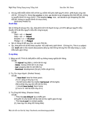 Ngữ Pháp Thông Dụng trong Tiếng Anh                                 Sưu tầm: Mr. Denn


• Kh«ng nhÊt thiÕt mÖnh ®Ò chÝnh vµ mÖnh ®Ò phô chØ nguyªn nh©n ph¶i thuéc cïng mét
  chñ tõ. Ch¼ng h¹n, Since the weather is nice, we decide to go shopping (Do thêi tiÕt tèt, chóng
  t«i quyÕt ®Þnh ®i mua s¾m) = The weather being nice, we decide to go shopping (Do thêi
  tiÕt tèt, chóng t«i quyÕt ®Þnh ®i mua s¾m).
      QUA KHU PHAN TU
H×nh thøc

§èi víi ®éng tõ cã quy t¾c, Qu¸ khø ph©n tõ h×nh thµnh b»ng c¸ch thªm ed vµo nguyªn mÉu
(hoÆc thªm d nÕu nguyªn mÉu tËn cïng b»ng e).
    VÝ dô :
        Start + ed ---> Started
        Help + ed ---> Helped
        Breathe + d ---> Breathed
        Pledge + d ---> Pledged
• §èi víi ®éng tõ bÊt quy t¾c, xin xem Phô lôc .
• Qu¸ khø ph©n tõ cã thÓ theo sauNot ®Ó chØ mét ý phñ ®Þnh. Ch¼ng h¹n, This is a subject
    not dealt with in the recent discussions (§©y lµ mét ®Ò tµi kh«ng ®îc ®Ò cËp trong c¸c cuéc
    th¶o luËn gÇn ®©y).

C«ng dông

1. §ãng vai trß TÝnh tõ chØ phÈm chÊt vµ thêng mang nghÜa bÞ ®éng.
    VÝ dô:
       - An injured leg (Mét c¸i ch©n bÞ th¬ng)
       - Stolen money (TiÒn bÞ ®¸nh c¾p)
       - Lost property (§å ®¹c bÞ thÊt l¹c)
       - Restricted development (Sù ph¸t triÓn cã giíi h¹n)

2. T¹o Th× hoµn thµnh (Perfect Tense).
    VÝ dô:
        - I have lived here for three years
        (T«i ®· sèng ë ®©y ba n¨m)
        - He left home after his mother had turned off the lights
        (Nã ra khái nhµ sau khi mÑ nã t¾t ®Ìn)
        - I should have invited them home
        (LÏ ra t«i ®· mêi hä ®Õn nhµ ch¬i)

3. T¹o D¹ng thô ®éng (Passive Voice).
    VÝ dô :
       - Their trip was delayed by a traffic jam
       (ChuyÕn ®i cña hä bÞ trÔ do mét vô t¾c nghÏn giao th«ng)
       - This bag is used to contain paddy
       (C¸i bao nµy ®îc dïng ®Ó ®ùng thãc)


Mọi chi tiết xin liên hệ: http://facebook.com/dennisnguyendinh
 