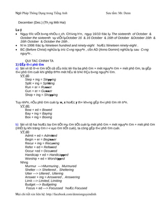 Ngữ Pháp Thông Dụng trong Tiếng Anh                              Sưu tầm: Mr. Denn

  December (Dec.) (Th¸ng Mêi Hai)

Lu ý
• Ngµy ®îc viÕt b»ng nhiÒu c¸ch. Ch¼ng h¹n, ngµy 16/10 ®äc lµ The sixteenth of October &
   October the sixteenth vµ viÕt lµOctober 16 & 16 October & 16th of October &October 16th &
   16th October & October the 16th .
• N¨m 1998 ®äc lµ Nineteen hundred and ninety-eight hoÆc Nineteen ninety-eight .
• BC (Before Christ) nghÜa lµ tríc C«ng nguyªn , cßn AD (Anno Domini) nghÜa lµ sau C«ng
   nguyªn .

       QUI TAC CHINH TA
1) GÊp ®«i phô ©m
a) §èi víi tõ ®¬n ©m tiÕt cã cÊu tróc tèi ®a ba phô ©m + mét nguyªn ©m + mét phô ©m, ta gÊp
®«i phô ©m cuèi khi ghÐp thªm mét hËu tè b¾t ®Çu b»ng nguyªn ©m.
   VÝ dô:
       Step + ing = Stepping
       Split + ing = Splitting
       Run + er = Runner
       Gun + er = Gunner
       Shop + ing = Shopping

Tuy nhiªn, nÕu phô ©m cuèi lµ w, x hoÆc y th× kh«ng gÊp ®«i phô ©m nh trªn.
   VÝ dô:
      Bow + ed = Bowed
      Bay + ing = Baying
      Box + ing = Boxing

b) §èi víi tõ hai hoÆc ba ©m tiÕt mµ ©m tiÕt cuèi lµ mét phô ©m + mét nguyªn ©m + mét phô ©m
(nhÊt lµ khi träng ©m r¬i vµo ©m tiÕt cuèi), ta còng gÊp ®«i phô ©m cuèi.
   VÝ dô:
       Admit + ed = Admitted
       Begin + er = Beginner
       Recur + ing = Recurring
       Refer + ed = Referred
       Occur +ed = Occurred
       Handicap + ed = Handicapped
       Worship + ed = Worshipped
   Nhng
       Murmur --->Murmuring , Murmured
       Shelter ---> Sheltered , Sheltering
       Utter ---> Uttered , Uttering
       Answer + ing = Answered , Answering
       Limit ---> Limited, Limiting
       Budget ---> Budgeting
        Focus + ed ---> Focussed hoÆc Focused
Mọi chi tiết xin liên hệ: http://facebook.com/dennisnguyendinh
 