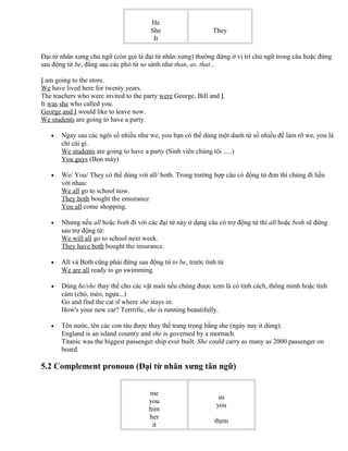 He
She
It
They
Đại từ nhân xưng chủ ngữ (còn gọi là đại từ nhân xưng) thường đứng ở vị trí chủ ngữ trong câu hoặc đứng
sau động từ be, đằng sau các phó từ so sánh như than, as, that...
I am going to the store.
We have lived here for twenty years.
The teachers who were invited to the party were George, Bill and I.
It was she who called you.
George and I would like to leave now.
We students are going to have a party.
• Ngay sau các ngôi số nhiều như we, you bạn có thể dùng một danh từ số nhiều để làm rõ we, you là
chỉ cái gì.
We students are going to have a party (Sinh viên chúng tôi .....)
You guys (Bọn mày)
• We/ You/ They có thể dùng với all/ both. Trong trường hợp câu có động từ đơn thì chúng đi liền
với nhau:
We all go to school now.
They both bought the ensurance
You all come shopping.
• Nhưng nếu all hoặc both đi với các đại từ này ở dạng câu có trợ động từ thì all hoặc both sẽ đứng
sau trợ động từ:
We will all go to school next week.
They have both bought the insurance.
• All và Both cũng phải đứng sau động từ to be, trước tính từ
We are all ready to go swimming.
• Dùng he/she thay thế cho các vật nuôi nếu chúng được xem là có tính cách, thông minh hoặc tình
cảm (chó, mèo, ngựa...)
Go and find the cat if where she stays in.
How's your new car? Terrrific, she is running beautifully.
• Tên nước, tên các con tàu được thay thế trang trọng bằng she (ngày nay it dùng).
England is an island country and she is governed by a mornach.
Titanic was the biggest passenger ship ever built. She could carry as many as 2000 passenger on
board.
5.2 Complement pronoun (Đại từ nhân xưng tân ngữ)
me
you
him
her
it
us
you
them
 
