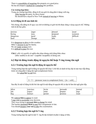 There is a possibility of acquiring this property at a good price.
He has developed a method for evaluating this problem.
Các trường hợp khác:
Trong các trường hợp khác, động từ đi sau giới từ cũng phải ở dạng verb-ing.
After leaving the party, he drove home.
He should have stayed in New York instead of moving to Maine.
6.1.6 Động từ đi sau tính từ:
Nói chung, nếu động từ đi ngay sau tính từ (không có giới từ) thì được dùng ở dạng nguyên thể. Những
tính từ đó bao gồm.
anxious
boring
dangerous
hard
eager
easy
good
strange
pleased
prepared
ready
able
usual
common
difficult
It is dangerous to drive in this weather.
Mike is anxious to see his family.
We are ready to leave now.
It is difficult to pass this test.
Chú ý: able và capable có nghĩa như nhau nhưng cách dùng khác nhau:
(able/ unable) to do smt = (capable/ incapable) of doing smt.
6.2 Đại từ đứng trước động từ nguyên thể hoặc V-ing trong tân ngữ
6.2.1 Trường hợp tân ngữ là động từ nguyên thể
Trong trường hợp tân ngữ là động từ nguyên thể (loại 1) thì bất cứ danh từ hay đại từ nào trực tiếp đứng
trước nó cũng phải ở dạng tân ngữ (complement form).
Joe asked her to call him.
S + V + {pronoun/ noun in complement form} + [to + verb] ...
Sau đây là một số động từ đòi hỏi tân ngữ là một động từ nguyên thể có đại từ làm tân ngữ gián tiếp.
allow
ask
beg
convince
expect
instruct
invite
order
permit
persuade
prepare
promise
remind
urge
want
We ordered him to appear in court.
I urge you to reconsider your decision.
They were trying to persuade him to change his mind.
The teacher permitted them to turn their assignments in late.
You should prepare your son to take this examination.
6.2.2 Trường hợp tân ngữ là V-ing
Trong trường hợp tân ngữ là một V- ing thì đại từ/danh từ phải ở dạng sở hữu.
 