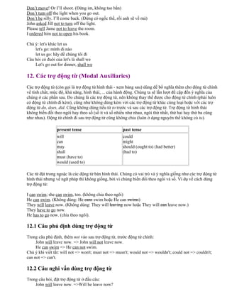 Don’t move! Or I’ll shoot. (Đứng im, không tao bắn)
Don’t turn off the light when you go out.
Don’t be silly. I’ll come back. (Đừng có ngốc thế, rồi anh sẽ về mà)
John asked Jill not to turn off the light.
Please tell Jame not to leave the room.
I ordered him not to open his book.
Chú ý: let's khác let us
let's go: mình đi nào
let us go: hãy để chúng tôi đi
Câu hỏi có đuôi của let's là shall we
Let's go out for dinner, shall we
12. Các trợ động từ (Modal Auxiliaries)
Các trợ động từ (còn gọi là trợ động từ hình thái - xem bảng sau) dùng để bổ nghĩa thêm cho động từ chính
về tính chất, mức độ, khả năng, hình thái, ... của hành động. Chúng ta sẽ lần lượt đề cập đến ý nghĩa của
chúng ở các phần sau. Do chúng là các trợ động từ, nên không thay thế được cho động từ chính (phải luôn
có động từ chính đi kèm), cũng như không dùng kèm với các trợ động từ khác cùng loại hoặc với các trợ
động từ do, does, did. Cũng không dùng tiểu từ to trước và sau các trợ động từ. Trợ động từ hình thái
không biến đổi theo ngôi hay theo số (số ít và số nhiều như nhau, ngôi thứ nhất, thứ hai hay thứ ba cũng
như nhau). Động từ chính đi sau trợ động từ cũng không chia (luôn ở dạng nguyên thể không có to).
present tense past tense
will
can
may
shall
must (have to)
would (used to)
could
might
should (ought to) (had better)
(had to)
Các từ đặt trong ngoặc là các động từ bán hình thái. Chúng có vai trò và ý nghĩa giống như các trợ động từ
hình thái nhưng về ngữ pháp thì không giống, bởi vì chúng biến đổi theo ngôi và số. Ví dụ về cách dùng
trợ động từ:
I can swim; she can swim, too. (không chia theo ngôi)
He can swim. (Không dùng: He cans swim hoặc He can swims)
They will leave now. (Không dùng: They will leaving now hoặc They will can leave now.)
They have to go now.
He has to go now. (chia theo ngôi).
12.1 Câu phủ định dùng trợ động từ
Trong câu phủ định, thêm not vào sau trợ động từ, trước động từ chính:
John will leave now. => John will not leave now.
He can swim => He can not swim.
Chú ý khi viết tắt: will not => won't; must not => musn't; would not => wouldn't; could not => couldn't;
can not => can't.
12.2 Câu nghi vấn dùng trợ động từ
Trong câu hỏi, đặt trợ động từ ở đầu câu:
John will leave now. =>Will he leave now?
 