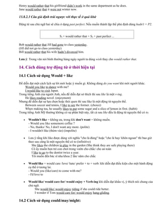 Henry would rather that his girlfriend didn’t work in the same department as he does.
Jane would rather that it were not winter now.
13.8.2.3 Câu giả định trái ngược với thực tế ở quá khứ
Động từ sau chủ ngữ hai sẽ chia ở dạng past perfect. Nếu muốn thành lập thể phủ định dùng hadn't + P2.
S1 + would rather that + S2 + past perfect ...
Bob would rather that Jill had gone to class yesterday.
(Jill did not go to class yesterday)
Bill would rather that his wife hadn’t divorced him.
Lưu ý: Trong văn nói bình thường hàng ngày người ta dùng wish thay cho would rather that.
14. Cách dùng trợ động từ ở thời hiện tại
14.1 Cách sử dụng Would + like
Để diễn đạt một cách lịch sự lời mời hoặc ý muốn gì. Không dùng do you want khi mời người khác.
Would you like to dance with me?
I would like to visit Japan.
Trong tiếng Anh của người Anh, nếu để diễn đạt sở thích thì sau like là một v-ing.
He likes reading novel. (enjoyment)
Nhưng để diễn đạt sự lựa chọn hoặc thói quen thì sau like là một động từ nguyên thể.
Between soccer and tennis, I like to see the former. (choice)
When making tea, he usually likes to put some sugar and a slice of lemon in first. (habit)
Trong tiếng Anh Mỹ thường không có sự phân biệt này, tất cả sau like đều là động từ nguyên thể có to.
• Wouldn't like = không ưa, trong khi don't want = không muốn.
- Would you like somemore coffee ?
- No, thanks/ No, I don't want any more. (polite)
- I wouldn't like (thèm vào) (impolite)
• Lưu ý rằng khi like được dùng với nghĩa "cho là đúng" hoặc "cho là hay/ khôn ngoan" thì bao giờ
theo sau cũng là một nguyên thể có to (infinitive)
She likes the children to play in the garden (She think they are safe playing there)
Cô ấy muốn bọn trẻ con chơi trong vườn cho chắc/ cho an toàn
I like to go to the dentist twice a year.
Tôi muốn đến bác sĩ nha khoa 2 lần/ năm cho chắc
• Would like = would care /love/ hate/ prefer + to + verb: khi diễn đạt điều kiện cho một hành động
cụ thể ở tương lai.
- Would you (like/care) to come with me?
- I'd love to
• Would like/ would care for/ would enjoy + Verb-ing khi diễn đạt khẩu vị, ý thích nói chung của
chủ ngữ.
She would like/ would enjoy riding if she could ride better.
I wonder if Tom would care for/ would enjoy hang-gliding.
14.2 Cách sử dụng could/may/might:
 