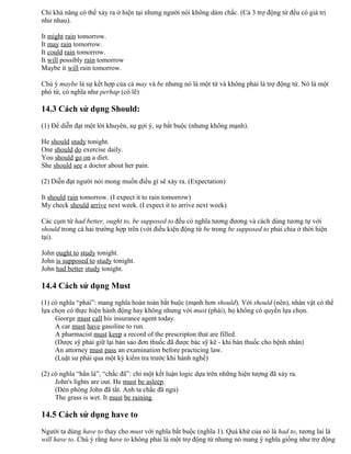 Chỉ khả năng có thể xảy ra ở hiện tại nhưng người nói không dám chắc. (Cả 3 trợ động từ đều có giá trị
như nhau).
It might rain tomorrow.
It may rain tomorrow.
It could rain tomorrow.
It will possibly rain tomorrow
Maybe it will rain tomorrow.
Chú ý maybe là sự kết hợp của cả may và be nhưng nó là một từ và không phải là trợ động từ. Nó là một
phó từ, có nghĩa như perhap (có lẽ)
14.3 Cách sử dụng Should:
(1) Để diễn đạt một lời khuyên, sự gợi ý, sự bắt buộc (nhưng không mạnh).
He should study tonight.
One should do exercise daily.
You should go on a diet.
She should see a doctor about her pain.
(2) Diễn đạt người nói mong muốn điều gì sẽ xảy ra. (Expectation)
It should rain tomorrow. (I expect it to rain tomorrow)
My check should arrive next week. (I expect it to arrive next week)
Các cụm từ had better, ought to, be supposed to đều có nghĩa tương đương và cách dùng tương tự với
should trong cả hai trường hợp trên (với điều kiện động từ be trong be supposed to phải chia ở thời hiện
tại).
John ought to study tonight.
John is supposed to study tonight.
John had better study tonight.
14.4 Cách sử dụng Must
(1) có nghĩa “phải”: mang nghĩa hoàn toàn bắt buộc (mạnh hơn should). Với should (nên), nhân vật có thể
lựa chọn có thực hiện hành động hay không nhưng với must (phải), họ không có quyền lựa chọn.
George must call his insurance agent today.
A car must have gasoline to run.
A pharmacist must keep a record of the prescripton that are filled.
(Dược sỹ phải giữ lại bản sao đơn thuốc đã được bác sỹ kê - khi bán thuốc cho bệnh nhân)
An attorney must pass an examination before practicing law.
(Luật sư phải qua một kỳ kiểm tra trước khi hành nghề)
(2) có nghĩa “hẳn là”, “chắc đã”: chỉ một kết luận logic dựa trên những hiện tượng đã xảy ra.
John's lights are out. He must be asleep.
(Đèn phòng John đã tắt. Anh ta chắc đã ngủ)
The grass is wet. It must be raining.
14.5 Cách sử dụng have to
Người ta dùng have to thay cho must với nghĩa bắt buộc (nghĩa 1). Quá khứ của nó là had to, tương lai là
will have to. Chú ý rằng have to không phải là một trợ động từ nhưng nó mang ý nghĩa giống như trợ động
 