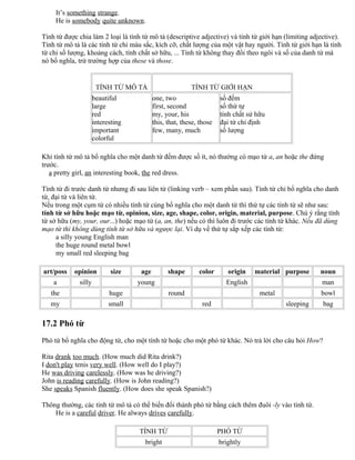 It’s something strange.
He is somebody quite unknown.
Tính từ được chia làm 2 loại là tính từ mô tả (descriptive adjective) và tính từ giới hạn (limiting adjective).
Tính từ mô tả là các tính từ chỉ màu sắc, kích cỡ, chất lượng của một vật hay người. Tính từ giới hạn là tính
từ chỉ số lượng, khoảng cách, tính chất sở hữu, ... Tính từ không thay đổi theo ngôi và số của danh từ mà
nó bổ nghĩa, trừ trường hợp của these và those.
TÍNH TỪ MÔ TẢ TÍNH TỪ GIỚI HẠN
beautiful
large
red
interesting
important
colorful
one, two
first, second
my, your, his
this, that, these, those
few, many, much
số đếm
số thứ tự
tính chất sử hữu
đại từ chỉ định
số lượng
Khi tính từ mô tả bổ nghĩa cho một danh từ đếm được số ít, nó thường có mạo từ a, an hoặc the đứng
trước.
a pretty girl, an interesting book, the red dress.
Tính từ đi trước danh từ nhưng đi sau liên từ (linking verb – xem phần sau). Tính từ chỉ bổ nghĩa cho danh
từ, đại từ và liên từ.
Nếu trong một cụm từ có nhiều tính từ cùng bổ nghĩa cho một danh từ thì thứ tự các tính từ sẽ như sau:
tính từ sở hữu hoặc mạo từ, opinion, size, age, shape, color, origin, material, purpose. Chú ý rằng tính
từ sở hữu (my, your, our...) hoặc mạo từ (a, an, the) nếu có thì luôn đi trước các tính từ khác. Nếu đã dùng
mạo từ thì không dùng tính từ sở hữu và ngược lại. Ví dụ về thứ tự sắp xếp các tính từ:
a silly young English man
the huge round metal bowl
my small red sleeping bag
art/poss opinion size age shape color origin material purpose noun
a silly young English man
the huge round metal bowl
my small red sleeping bag
17.2 Phó từ
Phó từ bổ nghĩa cho động từ, cho một tính từ hoặc cho một phó từ khác. Nó trả lời cho câu hỏi How?
Rita drank too much. (How much did Rita drink?)
I don't play tenis very well. (How well do I play?)
He was driving carelessly. (How was he driving?)
John is reading carefully. (How is John reading?)
She speaks Spanish fluently. (How does she speak Spanish?)
Thông thường, các tính từ mô tả có thể biến đổi thành phó từ bằng cách thêm đuôi -ly vào tính từ.
He is a careful driver. He always drives carefully.
TÍNH TỪ PHÓ TỪ
bright brightly
 