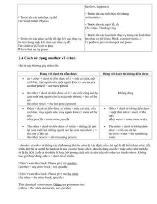 + Trước tên các môn học cụ thể
The Solid matter Physics
+ Trước tên các nhạc cụ khi đề cập đến các nhạc cụ
đó nói chung hoặc khi chơi các nhạc cụ đó.
The violin is difficult to play
Who is that on the piano
freedom, happiness
+ Trước tên các môn học nói chung
mathematics
+ Trước tên các ngày lễ, tết
Christmas, Thanksgiving
+ Trước tên các loại hình nhạc cụ trong các hình thức
âm nhạc cụ thể (Jazz, Rock, classical music..)
To perform jazz on trumpet and piano
2.4 Cách sử dụng another và other.
Hai từ này thường gây nhầm lẫn.
Dùng với danh từ đếm được Dùng với danh từ không đếm được
• an + other + danh từ đếm được số ít = một cái nữa, một
cái khác, một người nữa, một người khác (= one more).
another pencil = one more pencil
• the other + danh từ đếm được số ít = cái cuối cùng còn lại
(của một bộ), người còn lại (của một nhóm), = last of the
set.
the other pencil = the last pencil present
Không dùng
• Other + danh từ đếm được số nhiều = mấy cái nữa, mấy
cái khác, mấy người nữa, mấy người khác (= more of the
set).
other pencils = some more pencils
• The other + danh từ đếm được số nhiều = những cái còn
lại (của một bộ), những người còn lại (của một nhóm), =
the rest of the set.
the other pencils = all remaining pencils
• Other + danh từ không đếm được
= một chút nữa (= more of the
set).
other water = some more water
• The other + danh từ không đếm
được = chỗ còn sót lại.
the other water = the remaining
water
· Another và other là không xác định trong khi the other là xác định; nếu chủ ngữ là đã biết (được nhắc đến
trước đó) thì ta có thể bỏ danh từ đi sau another hoặc other, chỉ cần dùng another hoặc other như một đại
từ là đủ. Khi danh từ số nhiều bị lược bớt (trong cách nói tắt nêu trên) thì other trở thành others. Không
bao giờ được dùng others + danh từ số nhiều:
I Don 't want this book. Please give me another.
(another = any other book - not specific)
I Don 't want this book. Please give me the other.
(the other = the other book, specific)
This chemical is poisonous. Others are poisonous too.
(others = the other chemicals, not specific)
 