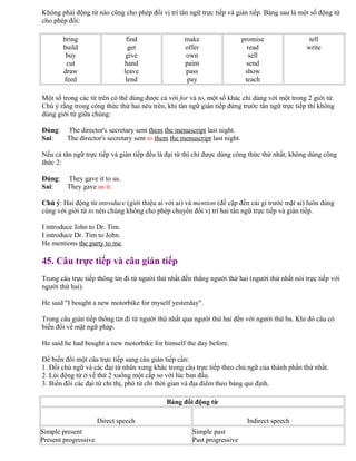 Không phải động từ nào cũng cho phép đổi vị trí tân ngữ trực tiếp và gián tiếp. Bảng sau là một số động từ
cho phép đổi:
bring
build
buy
cut
draw
feed
find
get
give
hand
leave
lend
make
offer
own
paint
pass
pay
promise
read
sell
send
show
teach
tell
write
Một số trong các từ trên có thể dùng được cả với for và to, một số khác chỉ dùng với một trong 2 giới từ.
Chú ý rằng trong công thức thứ hai nêu trên, khi tân ngữ gián tiếp đứng trước tân ngữ trực tiếp thì không
dùng giới từ giữa chúng:
Đúng: The director's secretary sent them the menuscript last night.
Sai: The director's secretary sent to them the menuscript last night.
Nếu cả tân ngữ trực tiếp và gián tiếp đều là đại từ thì chỉ được dùng công thức thứ nhất, không dùng công
thức 2:
Đúng: They gave it to us.
Sai: They gave us it.
Chú ý: Hai động từ introduce (giới thiệu ai với ai) và mention (đề cập đến cái gì trước mặt ai) luôn dùng
cùng với giới từ to nên chúng không cho phép chuyển đổi vị trí hai tân ngữ trực tiếp và gián tiếp.
I introduce John to Dr. Tim.
I introduce Dr. Tim to John.
He mentions the party to me.
45. Câu trực tiếp và câu gián tiếp
Trong câu trực tiếp thông tin đi từ người thứ nhất đến thẳng người thứ hai (người thứ nhất nói trực tiếp với
người thứ hai).
He said "I bought a new motorbike for myself yesterday".
Trong câu gián tiếp thông tin đi từ người thứ nhất qua người thứ hai đến với người thứ ba. Khi đó câu có
biến đổi về mặt ngữ pháp.
He said he had bought a new motorbike for himself the day before.
Để biến đổi một câu trực tiếp sang câu gián tiếp cần:
1. Đổi chủ ngữ và các đại từ nhân xưng khác trong câu trực tiếp theo chủ ngữ của thành phần thứ nhất.
2. Lùi động từ ở vế thứ 2 xuống một cấp so với lúc ban đầu.
3. Biến đổi các đại từ chỉ thị, phó từ chỉ thời gian và địa điểm theo bảng qui định.
Bảng đổi động từ
Direct speech Indirect speech
Simple present
Present progressive
Simple past
Past progressive
 