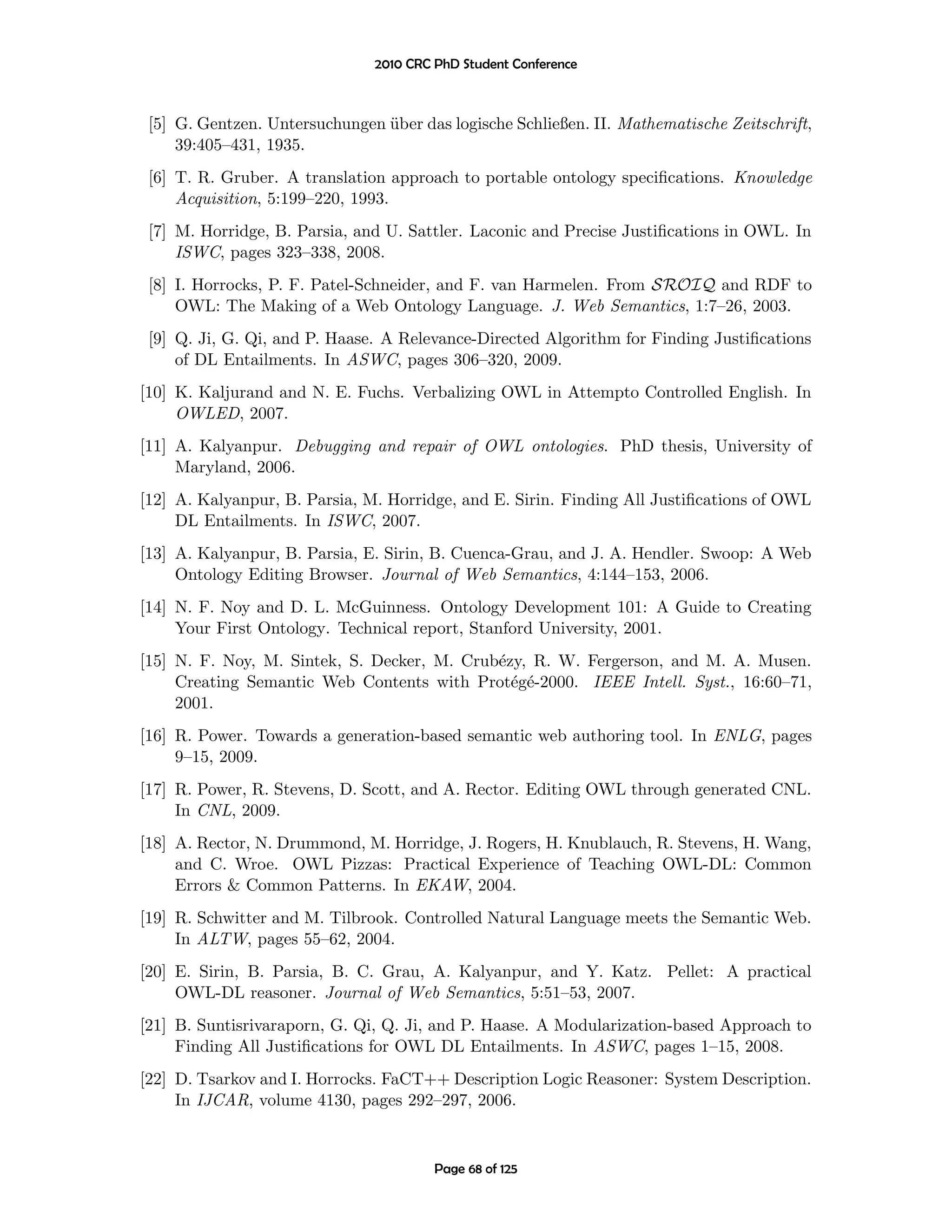 2010 CRC PhD Student Conference



 [5] G. Gentzen. Untersuchungen uber das logische Schließen. II. Mathematische Zeitschrift,
                                ¨
     39:405–431, 1935.
 [6] T. R. Gruber. A translation approach to portable ontology speciﬁcations. Knowledge
     Acquisition, 5:199–220, 1993.
 [7] M. Horridge, B. Parsia, and U. Sattler. Laconic and Precise Justiﬁcations in OWL. In
     ISWC, pages 323–338, 2008.
 [8] I. Horrocks, P. F. Patel-Schneider, and F. van Harmelen. From SROIQ and RDF to
     OWL: The Making of a Web Ontology Language. J. Web Semantics, 1:7–26, 2003.
 [9] Q. Ji, G. Qi, and P. Haase. A Relevance-Directed Algorithm for Finding Justiﬁcations
     of DL Entailments. In ASWC, pages 306–320, 2009.
[10] K. Kaljurand and N. E. Fuchs. Verbalizing OWL in Attempto Controlled English. In
     OWLED, 2007.
[11] A. Kalyanpur. Debugging and repair of OWL ontologies. PhD thesis, University of
     Maryland, 2006.
[12] A. Kalyanpur, B. Parsia, M. Horridge, and E. Sirin. Finding All Justiﬁcations of OWL
     DL Entailments. In ISWC, 2007.
[13] A. Kalyanpur, B. Parsia, E. Sirin, B. Cuenca-Grau, and J. A. Hendler. Swoop: A Web
     Ontology Editing Browser. Journal of Web Semantics, 4:144–153, 2006.
[14] N. F. Noy and D. L. McGuinness. Ontology Development 101: A Guide to Creating
     Your First Ontology. Technical report, Stanford University, 2001.
[15] N. F. Noy, M. Sintek, S. Decker, M. Crub´zy, R. W. Fergerson, and M. A. Musen.
                                             e
     Creating Semantic Web Contents with Prot´g´-2000. IEEE Intell. Syst., 16:60–71,
                                               e e
     2001.
[16] R. Power. Towards a generation-based semantic web authoring tool. In ENLG, pages
     9–15, 2009.
[17] R. Power, R. Stevens, D. Scott, and A. Rector. Editing OWL through generated CNL.
     In CNL, 2009.
[18] A. Rector, N. Drummond, M. Horridge, J. Rogers, H. Knublauch, R. Stevens, H. Wang,
     and C. Wroe. OWL Pizzas: Practical Experience of Teaching OWL-DL: Common
     Errors & Common Patterns. In EKAW, 2004.
[19] R. Schwitter and M. Tilbrook. Controlled Natural Language meets the Semantic Web.
     In ALTW, pages 55–62, 2004.
[20] E. Sirin, B. Parsia, B. C. Grau, A. Kalyanpur, and Y. Katz. Pellet: A practical
     OWL-DL reasoner. Journal of Web Semantics, 5:51–53, 2007.
[21] B. Suntisrivaraporn, G. Qi, Q. Ji, and P. Haase. A Modularization-based Approach to
     Finding All Justiﬁcations for OWL DL Entailments. In ASWC, pages 1–15, 2008.
[22] D. Tsarkov and I. Horrocks. FaCT++ Description Logic Reasoner: System Description.
     In IJCAR, volume 4130, pages 292–297, 2006.


                                        Page 68 of 125
 