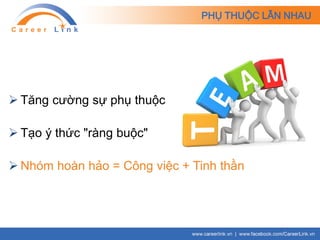 PHỤ THUỘC LẪN NHAU
 Tăng cường sự phụ thuộc
 Tạo ý thức "ràng buộc"
 Nhóm hoàn hảo = Công việc + Tinh thần
 