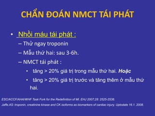 CHẨN ĐOÁN NMCT TÁI PHÁT
• Nhồi máu tái phát :
– Thử ngay troponin
– Mẫu thứ hai: sau 3-6h.
– NMCT tái phát :
• tăng > 20% giá trị trong mẫu thứ hai. Hoặc
• tăng > 20% giá trị trước và tăng thêm ở mẫu thứ
hai.
ESC/ACCF/AHA/WHF Task Fork for the Redefinition of MI. EHJ 2007;28: 2525-2538.
Jaffe.AS: troponin, creatinine kinase and CK isoforms as biomarkers of cardiac injury. Uptodate 16.1. 2008.
 