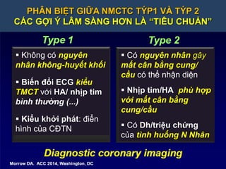 10/06/2016 42
PGS TS Hồ Thượng Dũng--
BV Thống Nhất- TP HCM
PHÂN BIỆT GIỮA NMCTC TÝP1 VÀ TÝP 2
CÁC GỢI Ý LÂM SÀNG HƠN LÀ “TIÊU CHUẨN”
 Không có nguyên
nhân không-huyết khối
 Biến đổi ECG kiểu
TMCT với HA/ nhịp tim
bình thường (...)
 Kiểu khởi phát: điển
hình của CĐTN
 Có nguyên nhân gây
mất cân bằng cung/
cầu có thể nhận diện
 Nhịp tim/HA phù hợp
với mất cân bằng
cung/cầu
 Có Dh/triệu chứng
của tình huống N Nhân
 